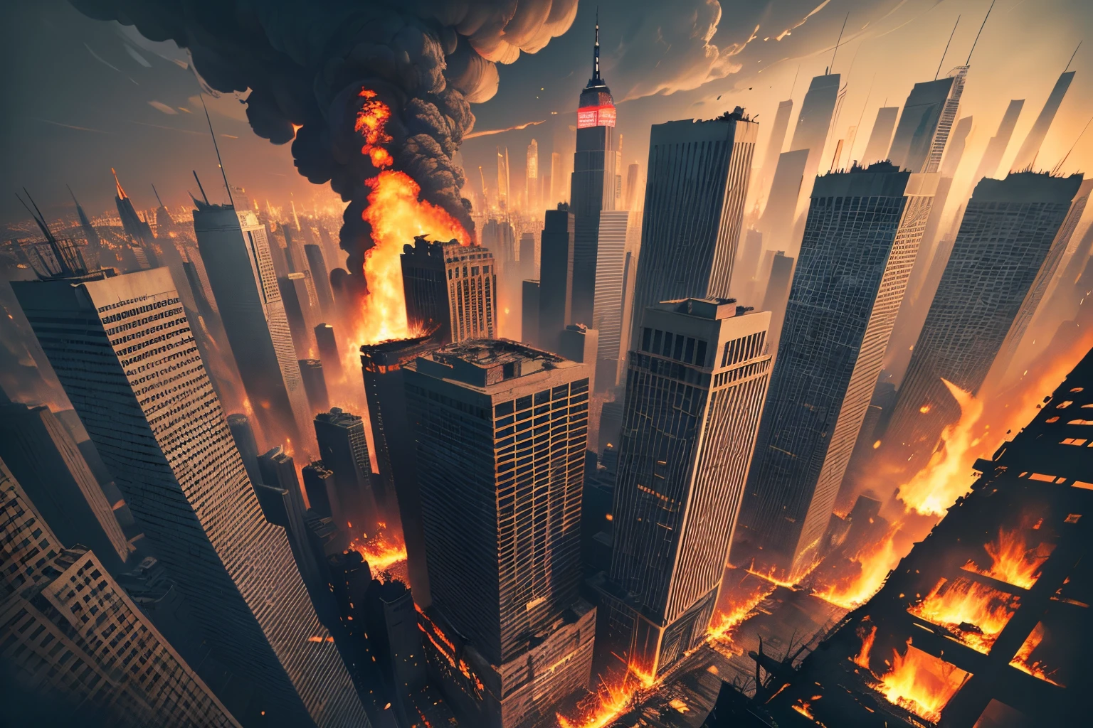 From the air、from the sky、newyork、A city turned into hell、There are many fires、the whole body is on fire、、Ablaze、explosions、in a ruined cityscape, Destroyed cityscape, Outdoor abandoned cityscape,