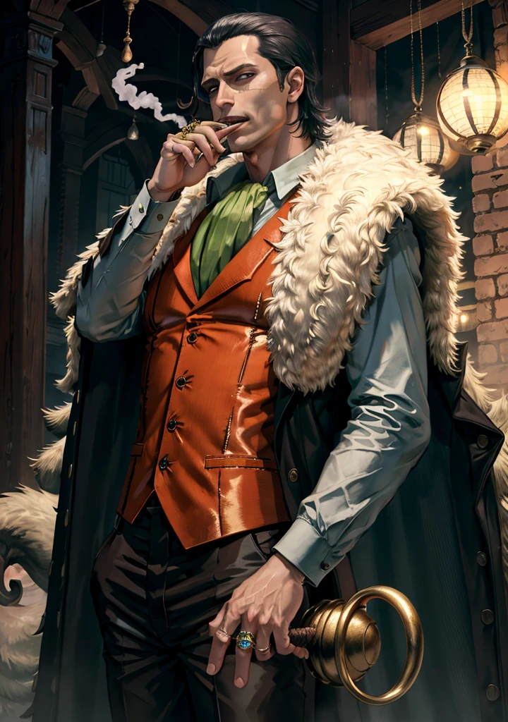 4k, best quality, ultra high res, masterpiece, Crocodile, male, solo, male focus, ascot, coat on shoulders, cigar, smoking, shirt, long sleeves, vest, coat, fur trim, jewelry, earrings, pants, ring,