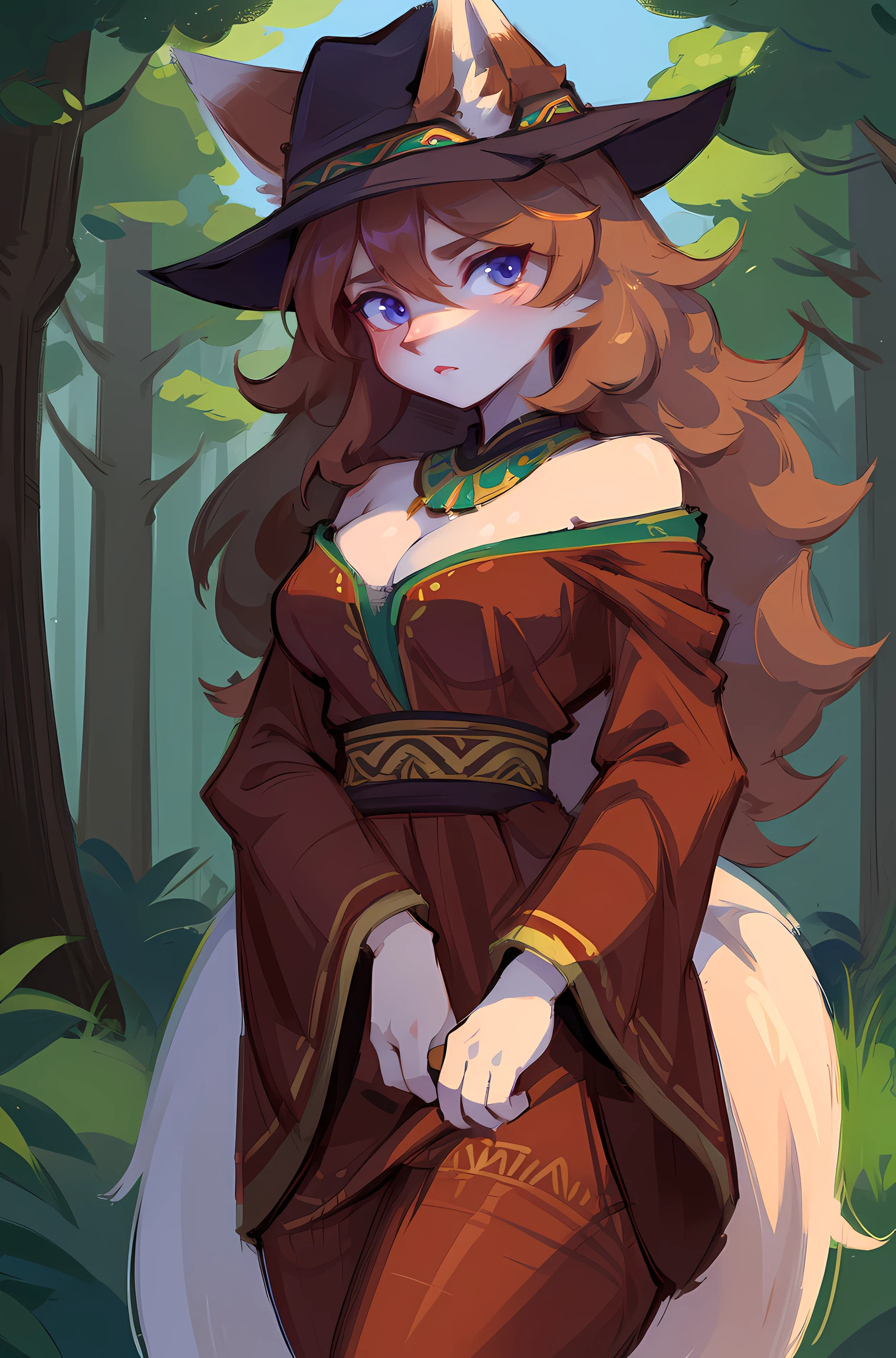 hairy pubic hair,girl fox,tmasterpiece, Best quality at best, (Just focus), (It's a perfect face:1.1), (high detal:1.1), (Ultra-detailed eyes), With a hat on, forest in background, Ethnic style costumes