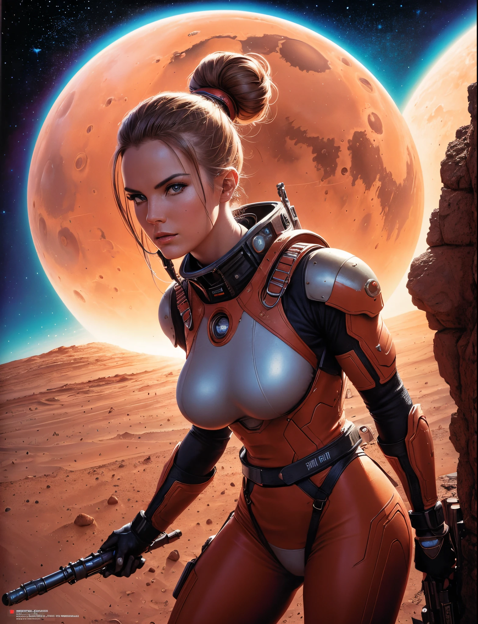 Masterpiece, highly detailed, best painting, futuristic tactical harness, tight-fitting space pants, painting of futuristic [elf|woman] sci-fi soldier with her hair in a bun, fighting off aliens on mars, blaster, dynamic angle, 1980s [sci-fi|fantasy] art, vivid details, colorful, complex, perfect face, beautiful lighting, (art by Boris Vallejo and Julie Bell), by Heavy Metal Magazine, ((on mars)), red rocks, (dusty:0.8), solo, large breasts,  fantastical, skin texture, hyper detailed,skin texture,