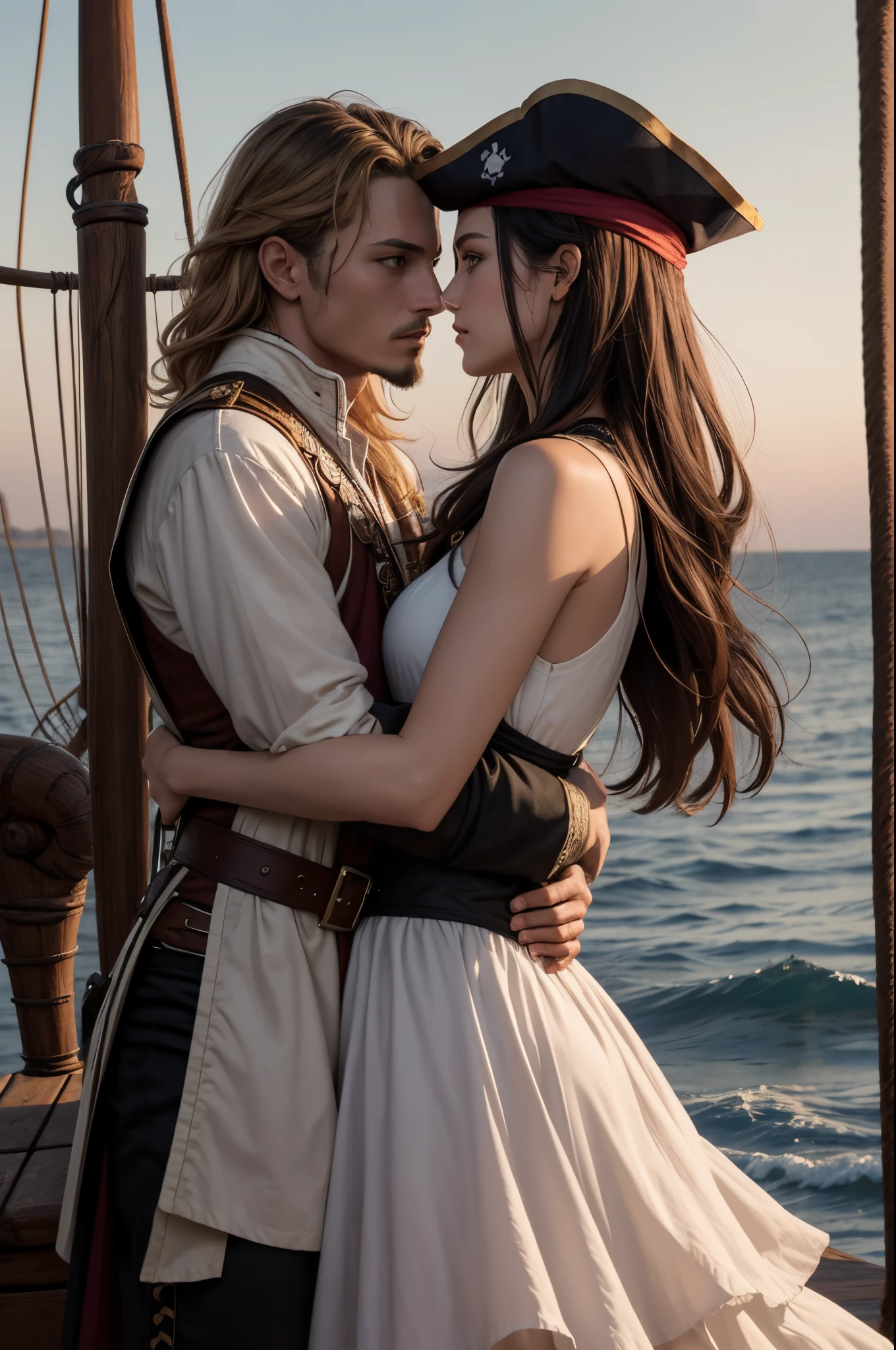 Two characters side by side. A short beautiful girl with blond hair and a tall black-haired dangerous pirate in a romantic dawn scene hold each other on a pirate ship. The girl has tan skin, long waist length hair, DARK BLONDE wavy hair, stunning eyes, and a short dress. a taller pirate, with short black hair, wearing a pirate costume. In this scene he hugs the girl sweetly