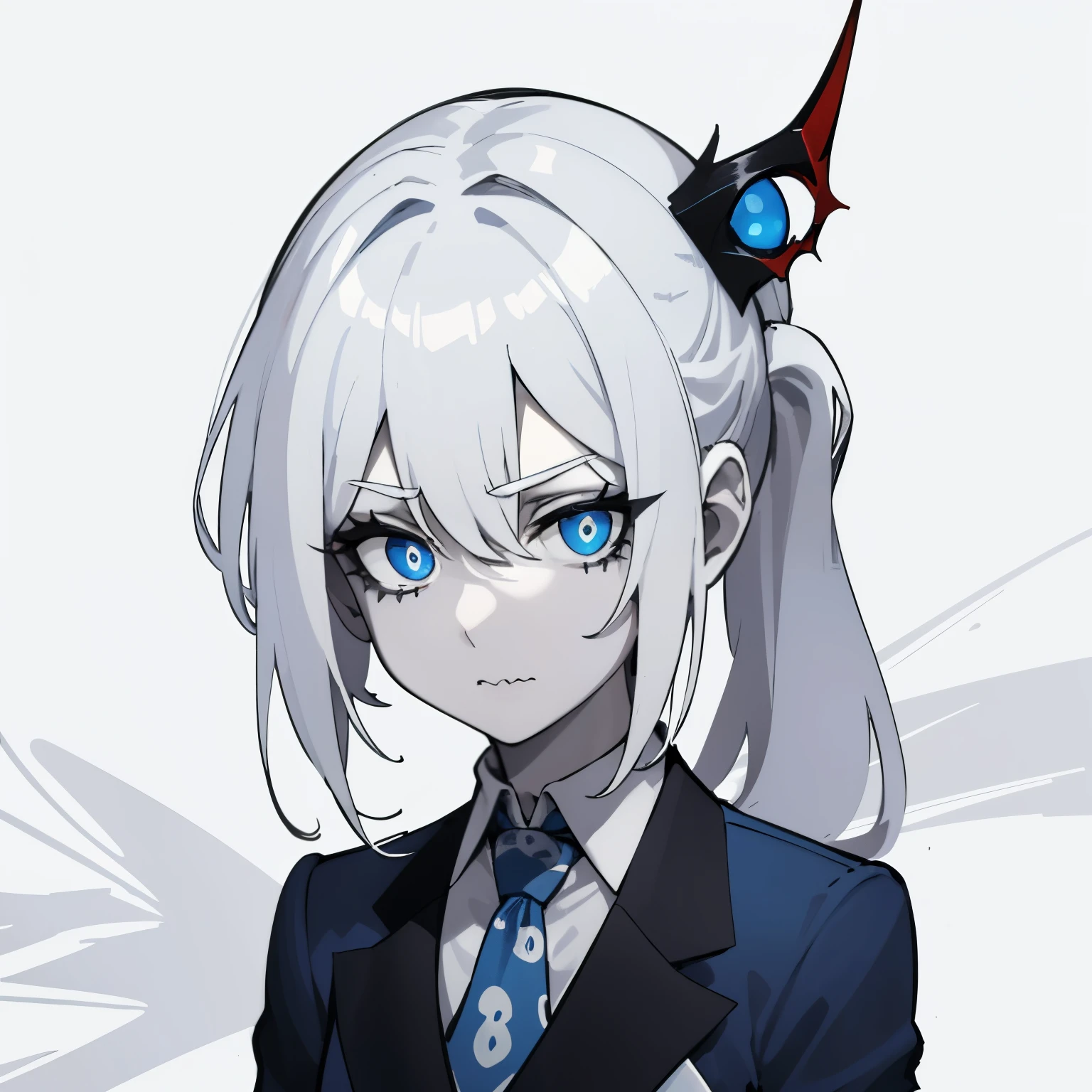 white hair, short ponytail, right blue eye, left white eye, white skin, scary eyes, chuckle, blood on cheek, suit with blue patterns on the left, dark blue tie, library background, sitting on a chair, hd, highres