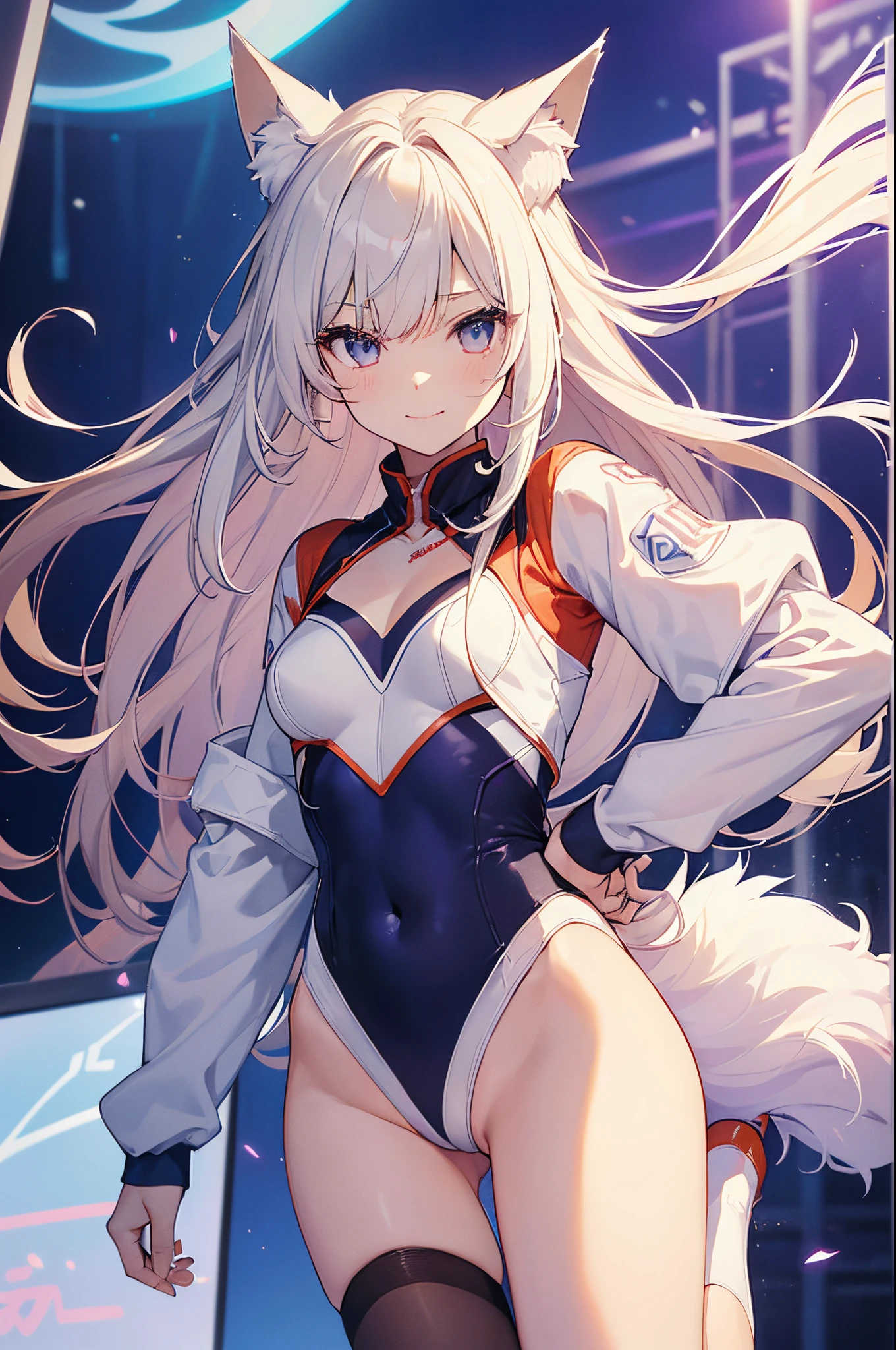 ((2D Beautiful Girl、top-quality: 1.2、perfect fingers: 1.2、perfect anatomia: 1.1、Perfect outfit、face perfect: 1.1、Beautiful illustration))、(Transformation Sequence)、14years、Solio、A Princess、Fractal Art、a baby face、((stright long hair))、(Slender legs)、Large sagging eyes:1.1、(1人)、Shy smile、Fox ears、Dance Classes、cheerleader style leotard、long-sleeve、White costume、(cheerleader style leotard:1.3)
