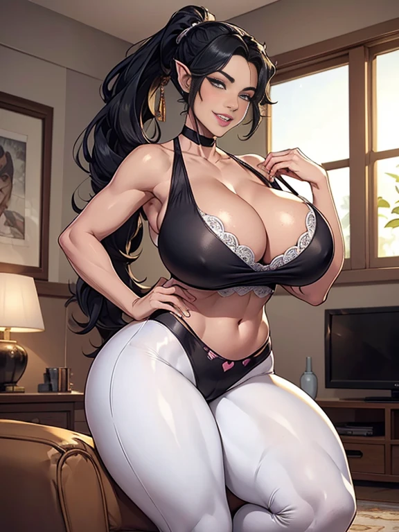 (master piece, Top Quality, best quality, Official Art, Beautiful and Aesthetic:1.2), (1woman:1.3), (big black hair (ponytail)), extremely detailed, portrait, Looking at Viewer, alone, (full body:0.6), Detailed background, close up, (yoga theme with beautiful woman:1.1), female, long hair, ass, black hair, mature woman, (((white skin), smooth skin)) , Extremely busy Tiefling, charlatan, sweet and mischievous smile, sensual smile, Mysterious, seducing in a living room, wearing yoga clothes, skintight yoga clothes, ((((gigantic breasts, cleavage, skin dentures)))) , beautiful navel, trim belly, slim waist, slim hips, long legs, athletic, residential house, (living room exterior :1.1) Backstory, bright lighting, light, psychological romance atmosphere, dutch angle