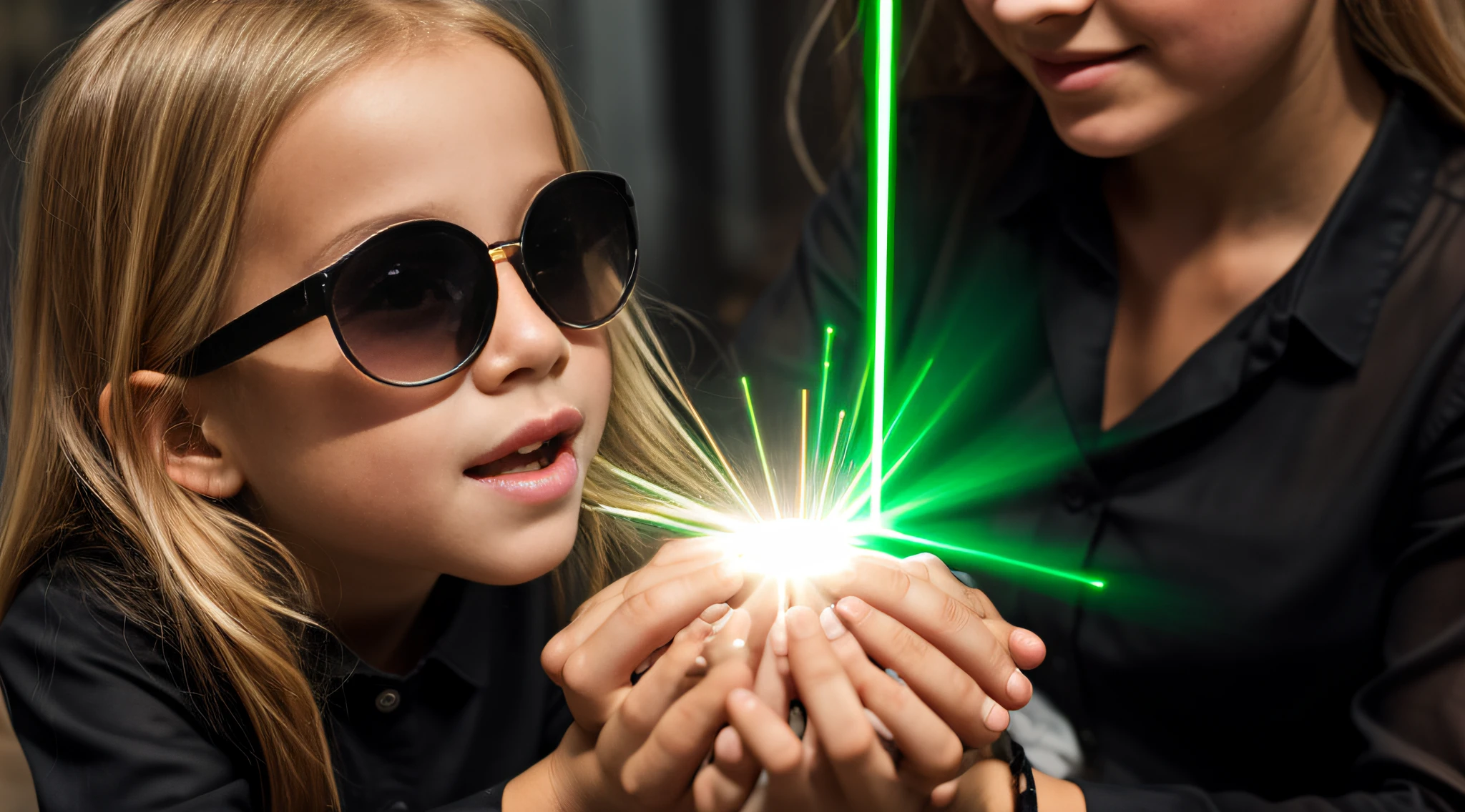 close-up CHILD BLONDE GIRL WITH VERY LONG HAIR, in a black blouse and sunglasses, a laser is being used to illuminate a circle,