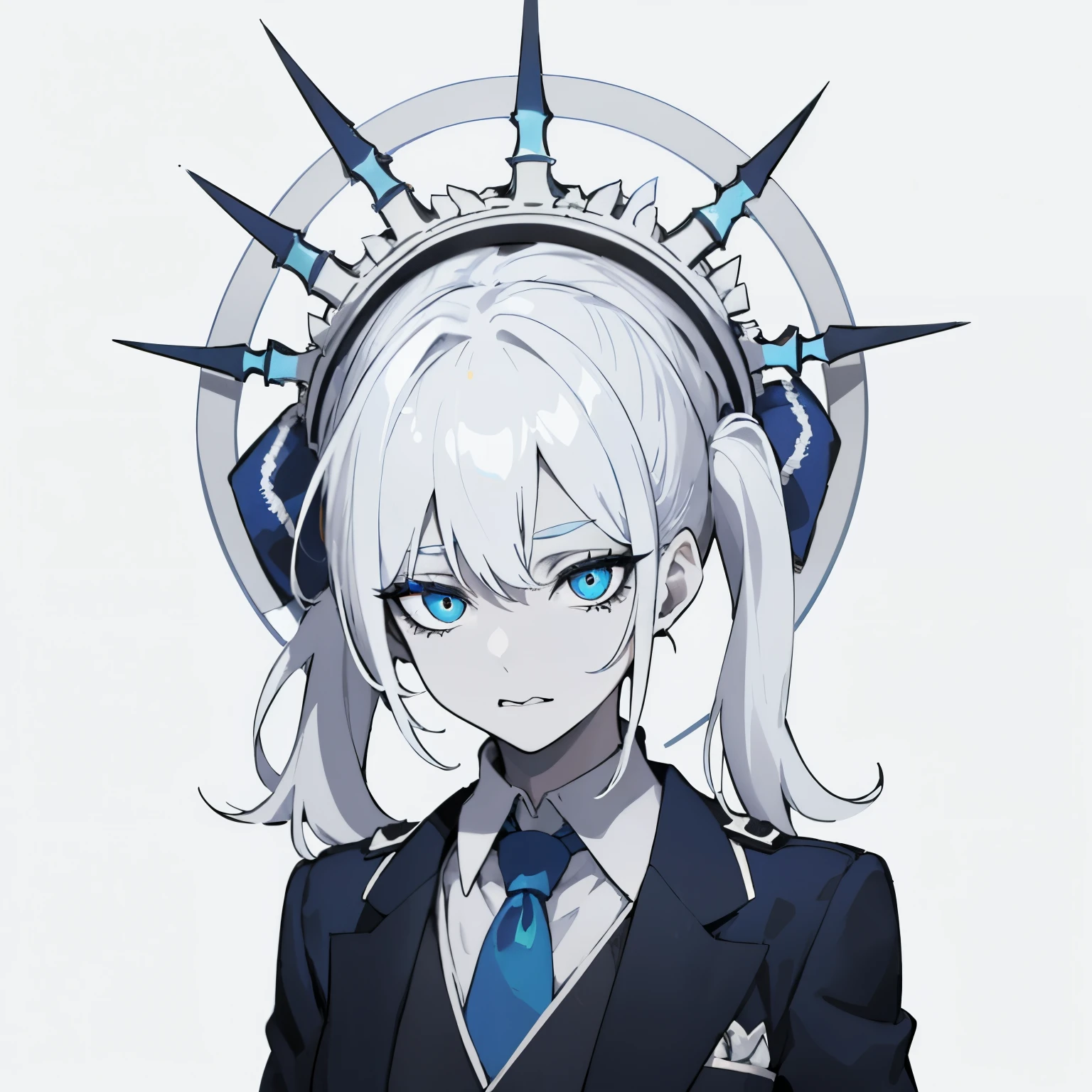 white hair, short ponytail, right blue eye, left white eye, white skin, scary eyes, chuckle, blood on cheek, suit with blue patterns on the left, dark blue tie, library background, sitting on a chair, hd, highres