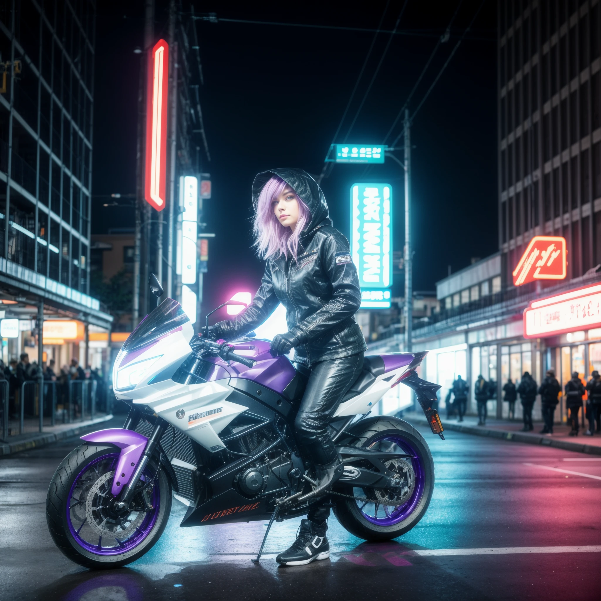 Wide- angle view, cool motorcycle girl, Cyberpunk future science fiction style, neon city, girl speeding in motorcycle, cyberpunk aesthetics, neon, purple gradient hair, short detailed hair, hooding, Cover up, high qulity, 8K, Aesthetic, cyber punk style, Japanese cartoon, scientific fiction, A futuristic, dynamic angle