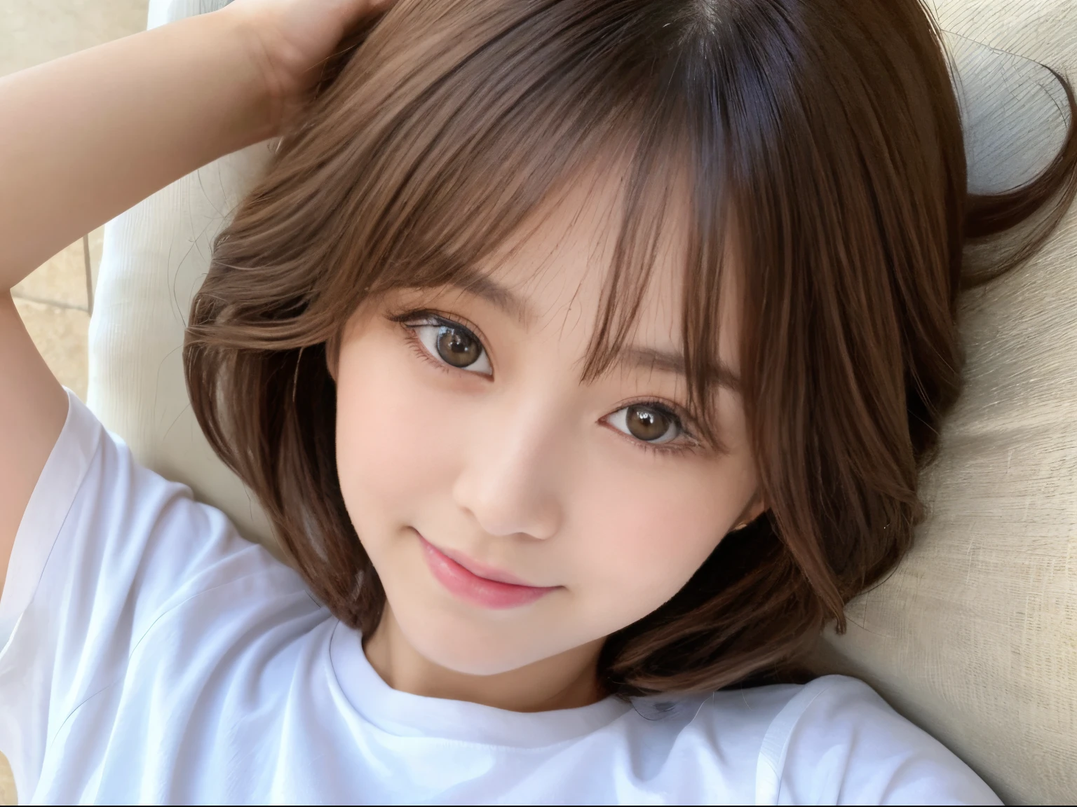 (top-quality,8K picture quality,​masterpiece:1.3,),(超A high resolution:1.3,Photorealsitic:1.4,Raw photography:1.2),(ultra-detailliert:1.2,shinny skin,Detailed skin:1.1),(Detailed face,Perfect Anatomy,Caustics:1.2),On the lawn,Sleep on your back,Overhead view,,女の子1人,kawaii,japanes,22year old,Japanese ido,Natural brown hair,Curl short hair outward,Pretty eyes,natural make up,Oversized T-shirt,A smile,Looking at the camera,up on the face,Face Focus,Professional Lighting,natural soft light,