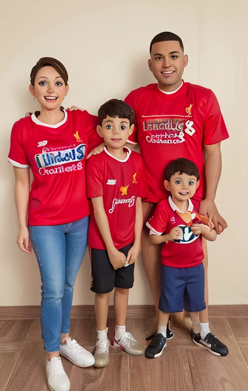 Family photo of dad mum and 2 boys that support liverpool football club