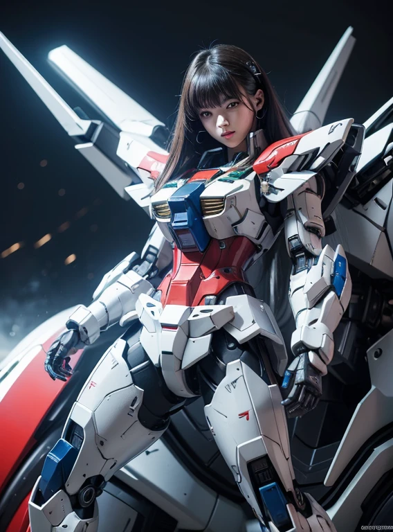 Textured skin, Super Detail, high details, High quality, Best Quality, hight resolution, 1080p, hard disk, Beautiful,(Gundam),beautiful cyborg woman,Mecha Cyborg Girl,Battle Mode,Girl with a Mecha Body,She wears a futuristic Gundam mecha,Fulll body Shot