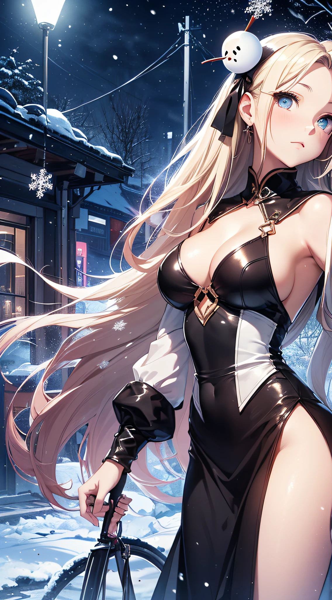 top-quality、Top image quality、masterpiece(1,4)、Android Girl((black mechanic body、sixteen years old、 ager、Mechanic body、Best Bust、big bast,Beautiful light blue eyes、Breasts wide open, a blond、A slender,Large valleys、dye one's cheeks red、Leaning forward、close to viewer、White breath、)),hiquality、Beautiful Art、Background with((Fantastic world、Ice Burn City at night、snowflakes falling、Heavy snow falls、snowman、ice tower)))、masutepiece、depth of fields,