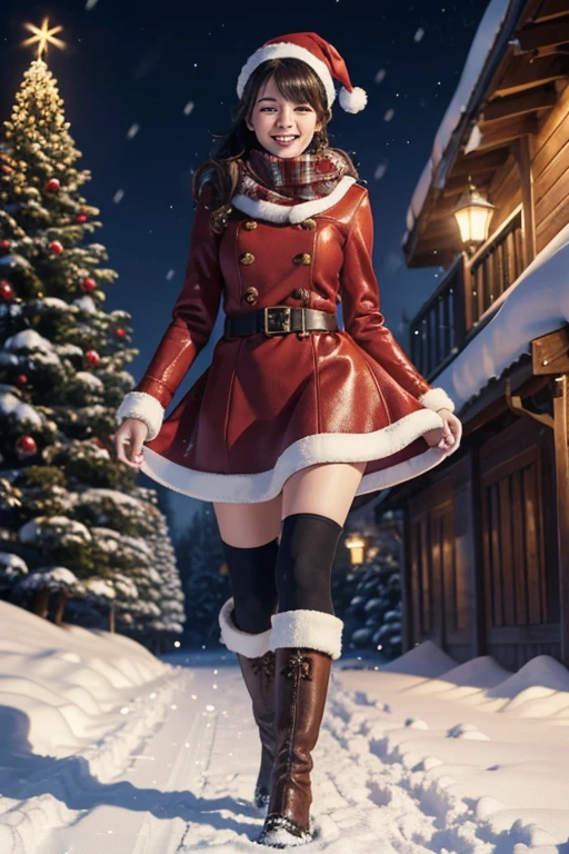 woman,short dress,santa claus costume,black boots,walking to observer,(best quality,4k,8k,highres,masterpiece:1.2),ultra-detailed,realistic,photorealistic:1.37,portraits,vivid colors,studio lighting,winter scene,cold breeze,smiling face,snow-covered ground,pine trees covered in snow,snowflakes falling in the air,magic atmosphere,sparkling lights,evoking joy and excitement