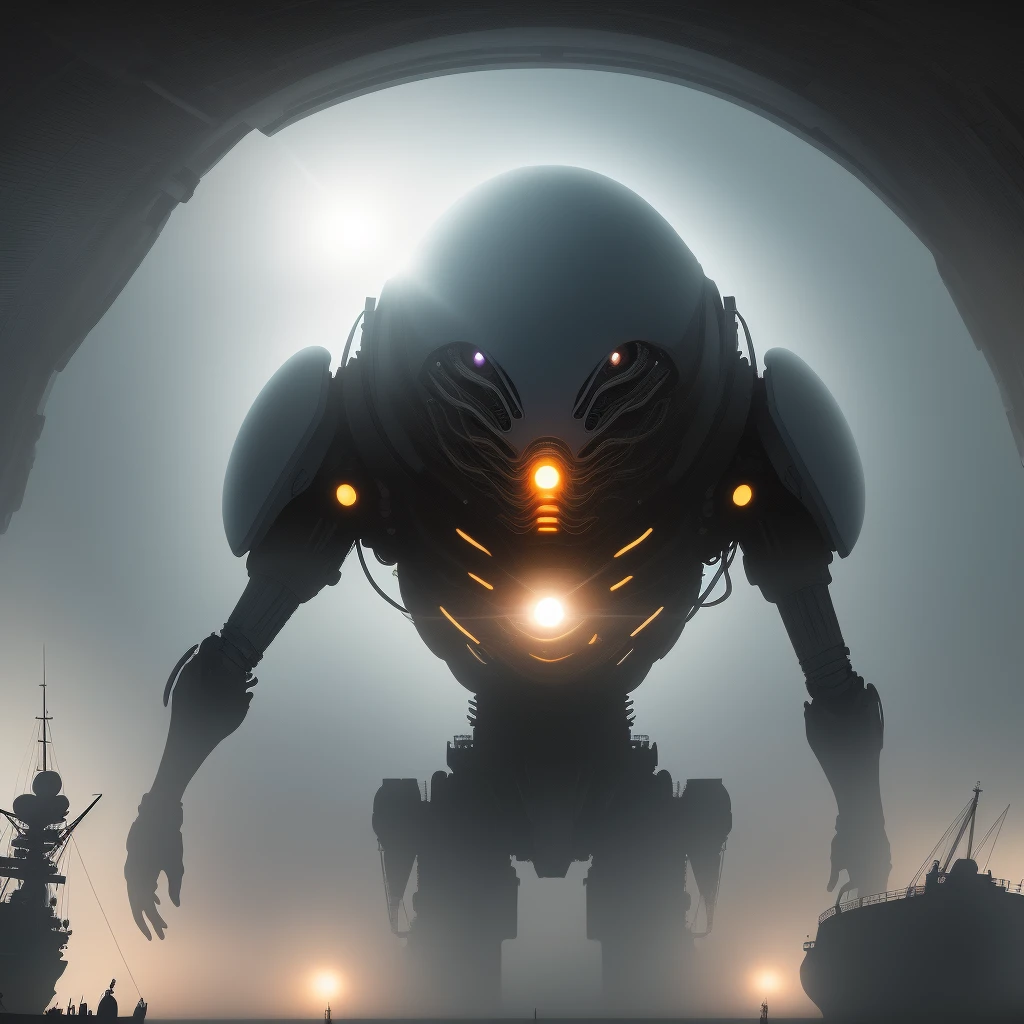 Develops an immersive, high-quality image using artificial intelligence, depicting an alien descending from its spaceship. Highlight the alien's distorted silhouette, dramatically illuminated by the ship's intense light, ensuring advanced levels of detail and an impactful cinematic style. "
