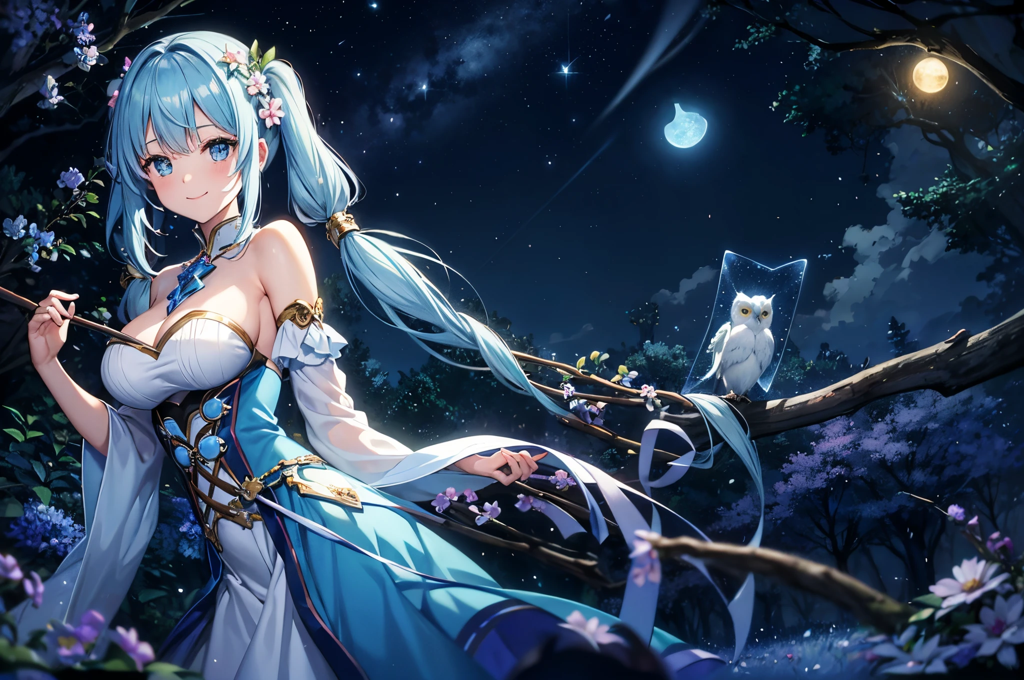Dynamic Angle、 within a magical forest, a mystical fairy girl emerges, Light blue long hair、Hairstyle is Twintails、adorable smiling、Moonlight twinkle,  flower bloom、A big pure white owl is watching over you、Sparkling fireflies dancing, Many beautiful flowers are blooming、fantastic landscape、A sky full of stars twinkles、 Creating a field where dreams and reality intersect，