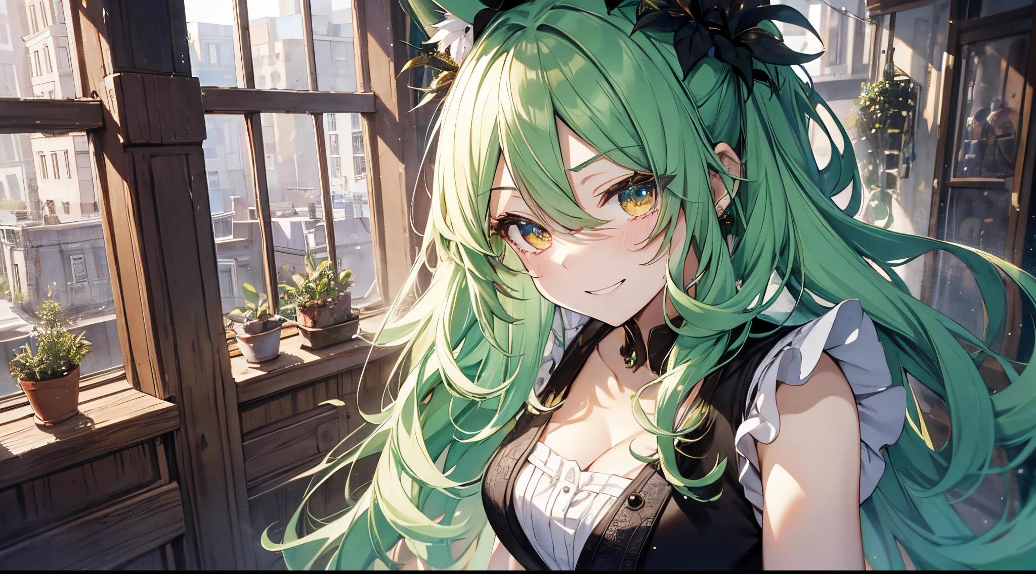 ((tmasterpiece:1.4, Best quality at best))+, (hyper-detailing)+, (Delicate golden eyes:1.5)+, (Meticulous ears:1.5), (cute girls), (Shabby chef uniform:1.5), Long hair details, curlies, (wariza:1.2), pale-skinned, (black cloth:1.5), (long white pants:1.4), fresh flowers, Green leaf headdress, aprons, Floating stones, Busy shops, Giant wood, (cook:1.1), (dawn light:1.2), ), (Close-up cleavage:1.1), (elevation perspective:1.3), forehead jewel, white colored inner hair, Striped hair, Happy smile, Green hair, first person perspective, the only person, hair bobbles, hair behind ear, big hair, hair over one eye, fox ears, annoyed, sobbing, anger vein