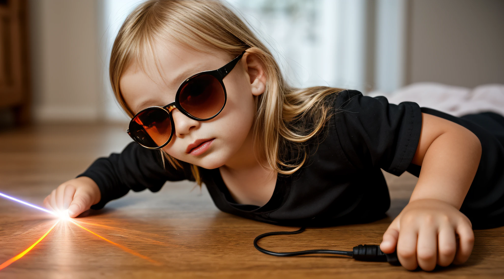 close-up CHILD BLONDE GIRL WITH VERY LONG HAIR, in a black blouse and sunglasses, a laser is being used to illuminate a circle,