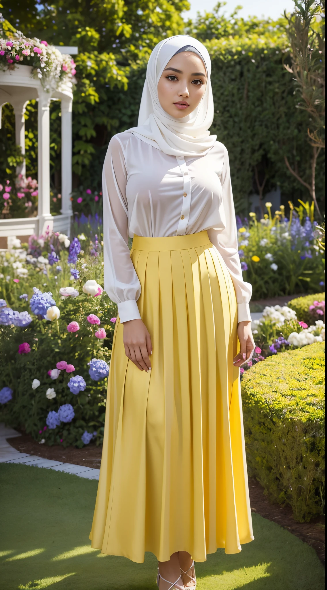 RAW, Best quality, high resolution, masterpiece: 1.3), beautiful Malay woman on hijab (iu:0.8), perfect nose,perfect lips, perfect eyes, detail :1.2),((big breast)),1 Malay girl, modern plain hijab,full body image detail, watery eyes, Best quality, high resolution, masterpiece: 1.3),soft smile, beautifull face, a woman in a white top and yellow skirt standing in front of a floral garden, pleated skirt, wearing a long flowy fabric, dressed in long fluent skirt, long skirt, multilayered outfit, layered skirts, with yellow cloths, frill, serena malyon, wearing an elegant outfit
