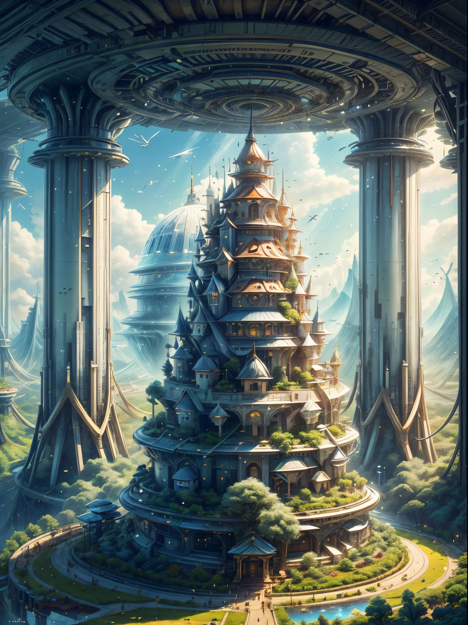 (((A utopian world with futuristic science fiction and fairy tale elements，Mechanical metal combined with classical mythological elements)))，(In this illustration of a utopian world，Describe a fairy tale、An ideal country with science fiction elements。The background is a majestic city，The architectural style combines futuristic and sci-fi elements。Soaring towers and modern glass buildings complement ancient pavilions and temples。The city is surrounded by a verdant forest and clear river，Showing the harmonious coexistence of man and nature)，(There is a huge secret garden in the center of the city，There are all kinds of fantastic plants and creatures growing inside。There are trees that can talk.、Singing birds and various cute animals。In the corner of the garden，There is a huge castle，Its towers reach into the sky)。(science fiction elements：in this utopian world，Technology and nature coexist harmoniously。High-speed maglev trains shuttle through the city，People are flying freely in the air in environmentally friendly aircraft.。Cities are powered by solar energy、Renewable resources such as wind and water energy，Guaranteed ecological sustainable development)。(Cultures：in this utopian world，Cultures of various countries coexist harmoniously，People respect and learn from each other&#39;s traditions and customs。There are various styles of buildings in the city、Sculpture and Artwork，Showcasing the essence of cultures from around the world), (The is very detailed, Well designed, Clear lines, k hd, Best quality at best, tmasterpiece, offcial art, 8K)