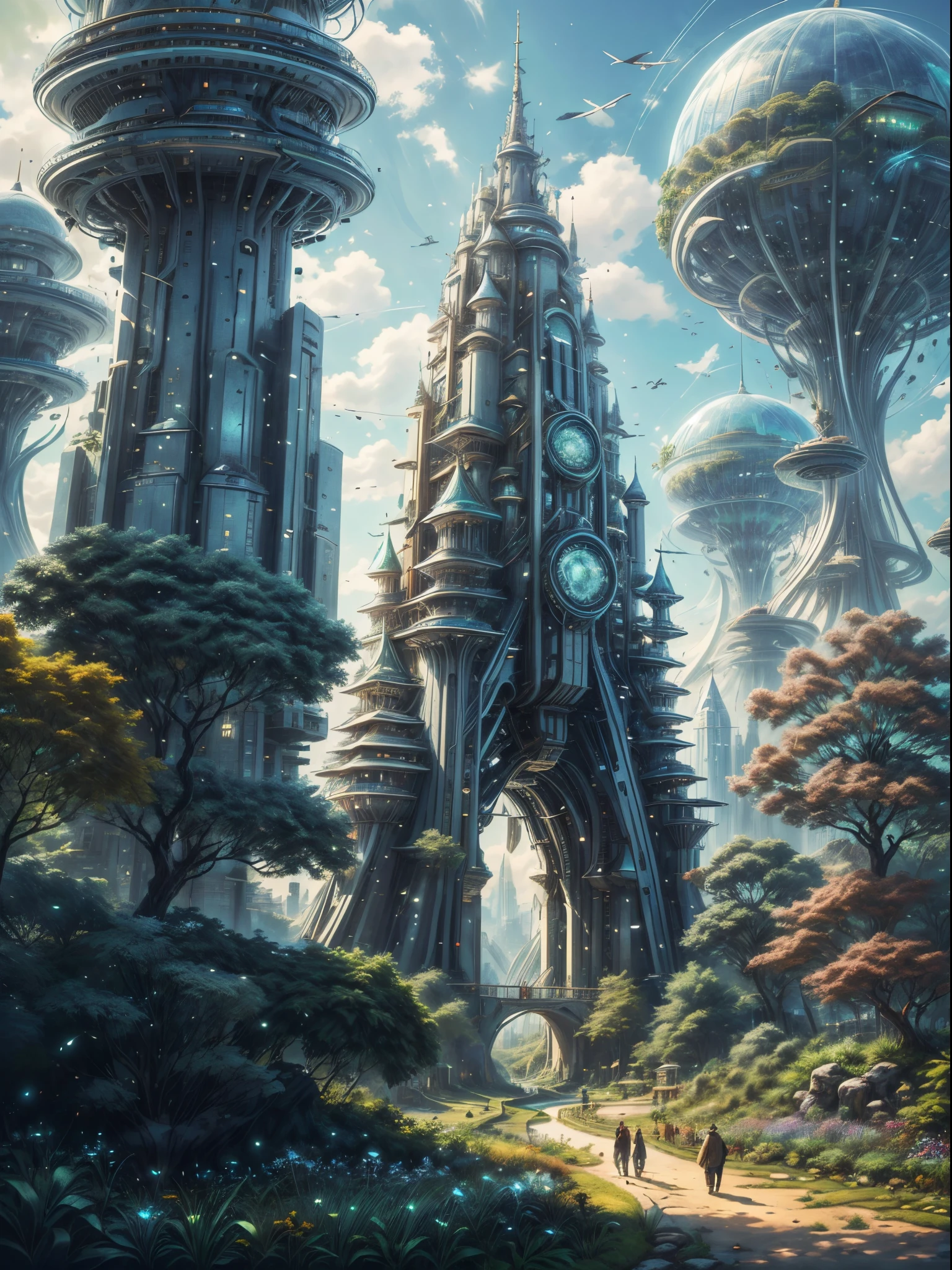 (((A utopian world with futuristic science fiction and fairy tale elements，Mechanical metal combined with classical mythological elements)))，(In this illustration of a utopian world，Describe a fairy tale、An ideal country with science fiction elements。The background is a majestic city，The architectural style combines futuristic and sci-fi elements。Soaring towers and modern glass buildings complement ancient pavilions and temples。The city is surrounded by a verdant forest and clear river，Showing the harmonious coexistence of man and nature)，(There is a huge secret garden in the center of the city，There are all kinds of fantastic plants and creatures growing inside。There are trees that can talk.、Singing birds and various cute animals。In the corner of the garden，There is a huge castle，Its towers reach into the sky)。(science fiction elements：in this utopian world，Technology and nature coexist harmoniously。High-speed maglev trains shuttle through the city，People are flying freely in the air in environmentally friendly aircraft.。Cities are powered by solar energy、Renewable resources such as wind and water energy，Guaranteed ecological sustainable development)。(Cultures：in this utopian world，Cultures of various countries coexist harmoniously，People respect and learn from each other&#39;s traditions and customs。There are various styles of buildings in the city、Sculpture and Artwork，Showcasing the essence of cultures from around the world), (The is very detailed, Well designed, Clear lines, k hd, Best quality at best, tmasterpiece, offcial art, 8K)