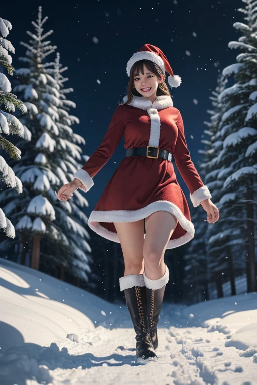 woman,short dress,santa claus costume,black boots,walking to observer,(best quality,4k,8k,highres,masterpiece:1.2),ultra-detailed,realistic,photorealistic:1.37,portraits,vivid colors,studio lighting,winter scene,cold breeze,snow-covered ground,pine trees covered in snow,snowflakes falling in the air,magic atmosphere,sparkling lights,evoking joy and excitement