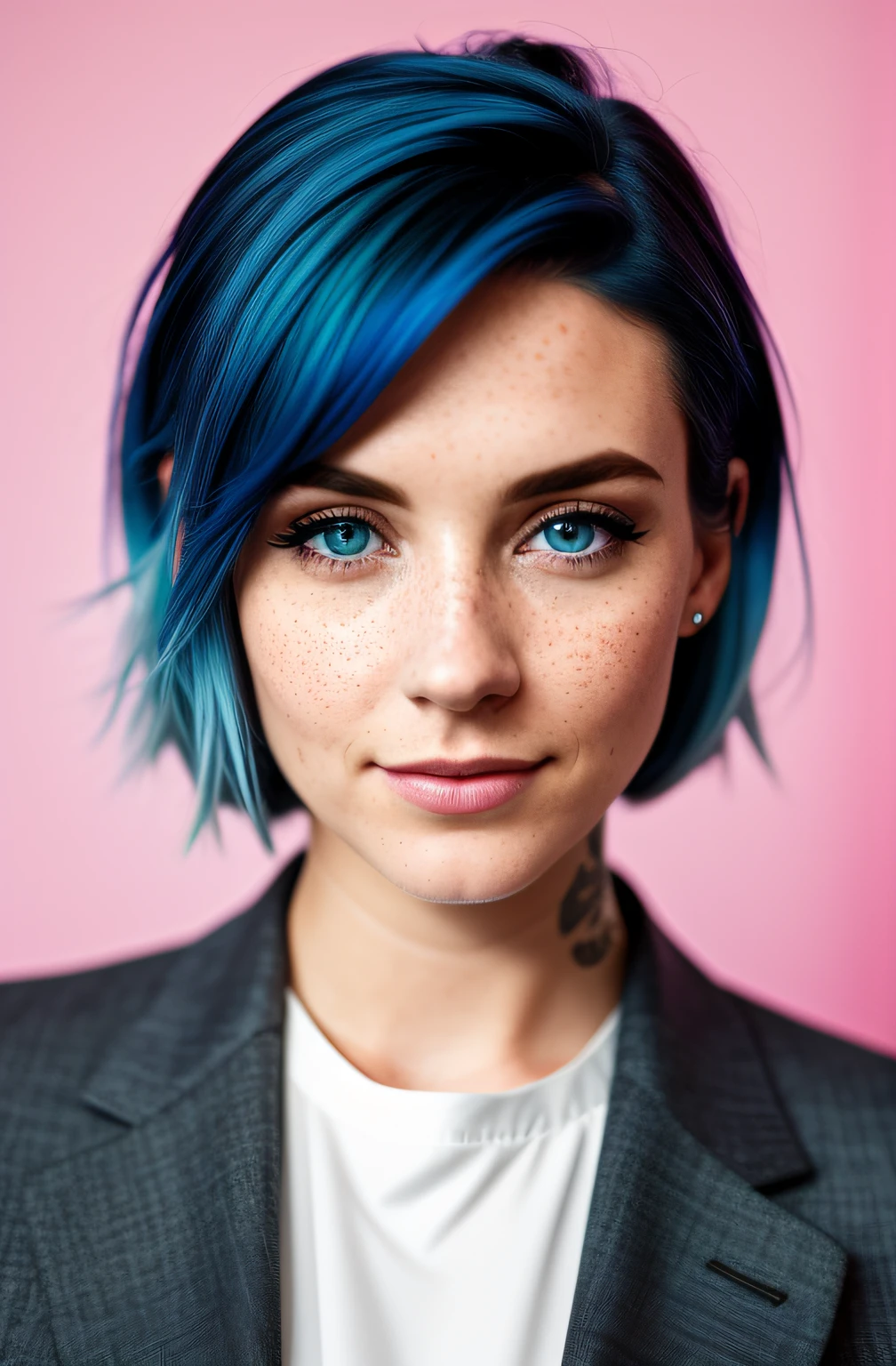 A woman in her 20s, looking at the camera, she has freckles, blue eyes, she has Lush blue hair, tattoos on neck, wearing dressed as a news anchor, medium shot, hyperdetailed, hyperrealism, ((best quality)), ((masterpiece)), (detailed), 8k uhd, Nikon 70d, ISO200, F/2.8, 1/25sec, 70mm