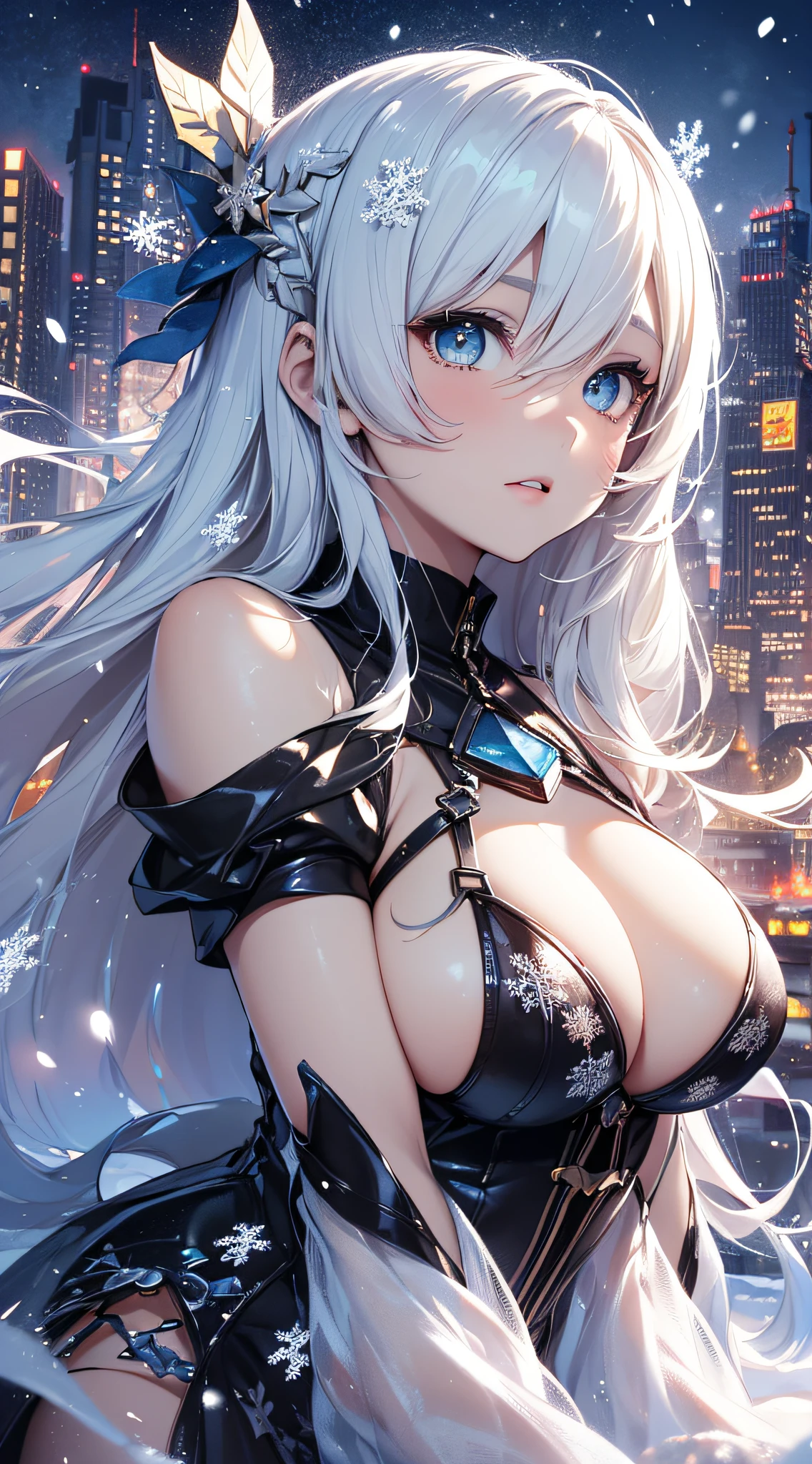 top-quality、Top image quality、masterpiece(1,4)、Robot Girl((black mechanic body、、teen ager、Mechaniest Bust、big bast,Beautiful light blue eyes、Breasts wide open, a blond、A slender,Large valleys、dye one's cheeks red、Leaning forward、close to viewer、White breath、)),hiquality、Beautiful Art、Background with((Fantastic world、Ice Burn City at night、snowflakes falling、Heavy snow falls、snowman、ice tower)))、masutepiece、depth of fields,