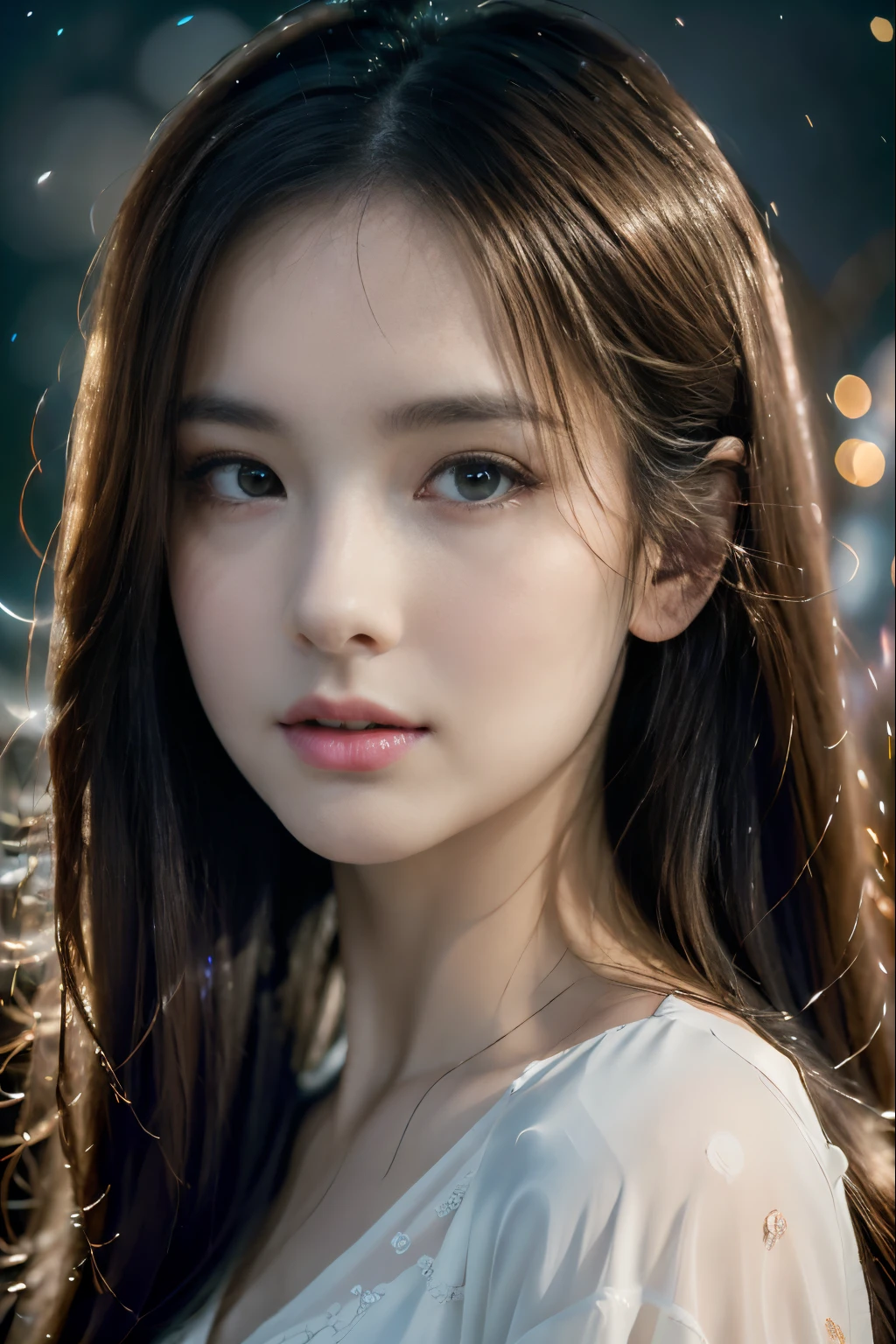 (best quality,4k,8k,highres,masterpiece:1.2),ultra-detailed,(realistic,photorealistic,photo-realistic:1.37),1 girl,long hair,half body shot,beautiful detailed eyes,beautiful detailed lips,extremely detailed eyes and face,long eyelashes,starlight,new moon,portrait,fantasy,soft color tones,gentle lighting,serene atmosphere,flowing dress,natural beauty,peaceful expression,wistful gaze,surreal background,dreamy ambiance,ethereal glow,delicate features,magical aura.