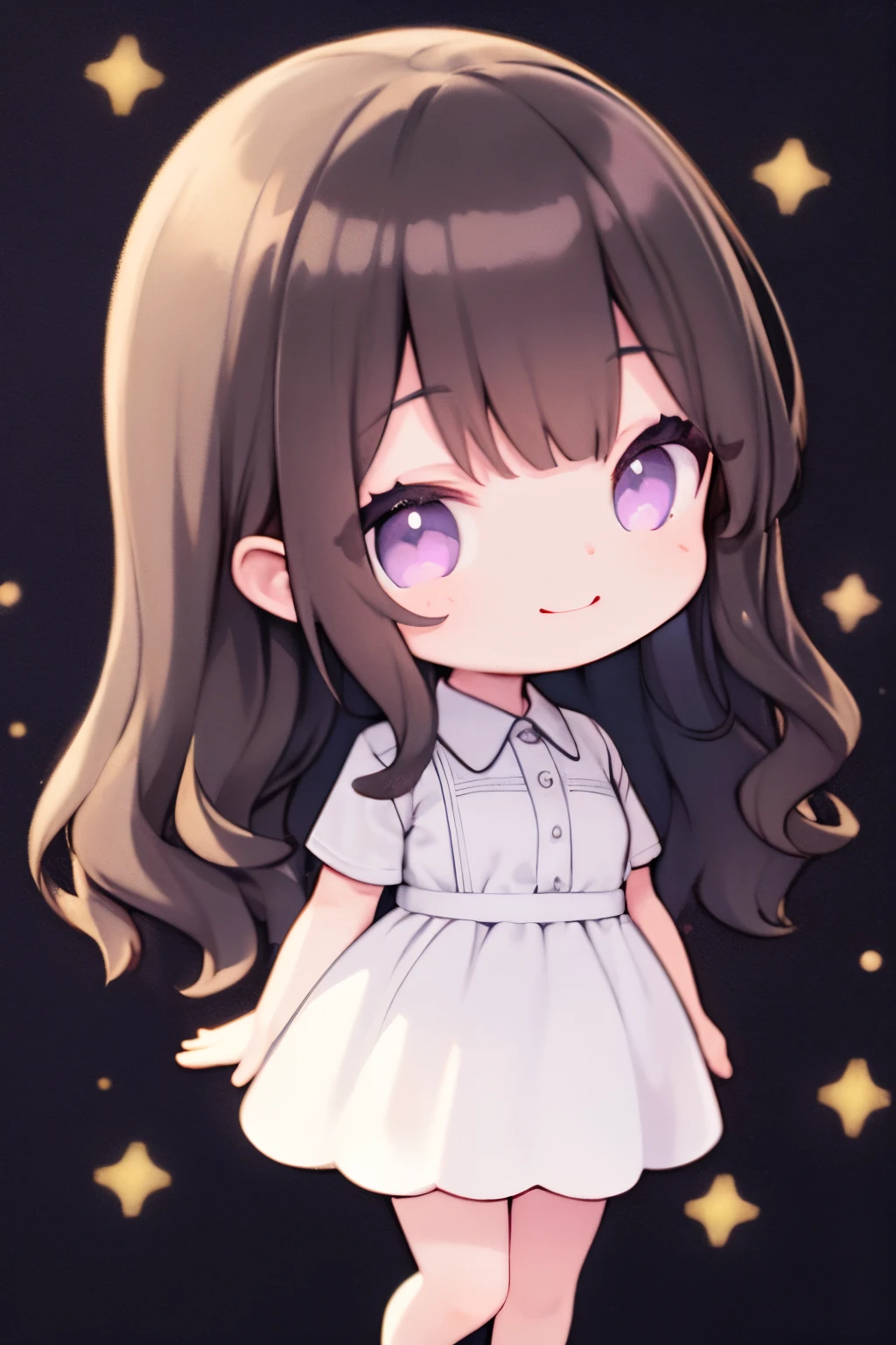 (masterpiece, best quality, beautiful and aesthetic:1.2), (1 girl), portrait, shadows, 8k, ultra sharp, highly intricate details, realistic light, facing camera, detailed beautiful purple eyes, (dark brown long hair), ((simple white dress shirt)), purple night background, glitter light particles, powder light, seductive smile, beautiful, full body shot, slim, chibi, (super cute), smile, (slim legs)