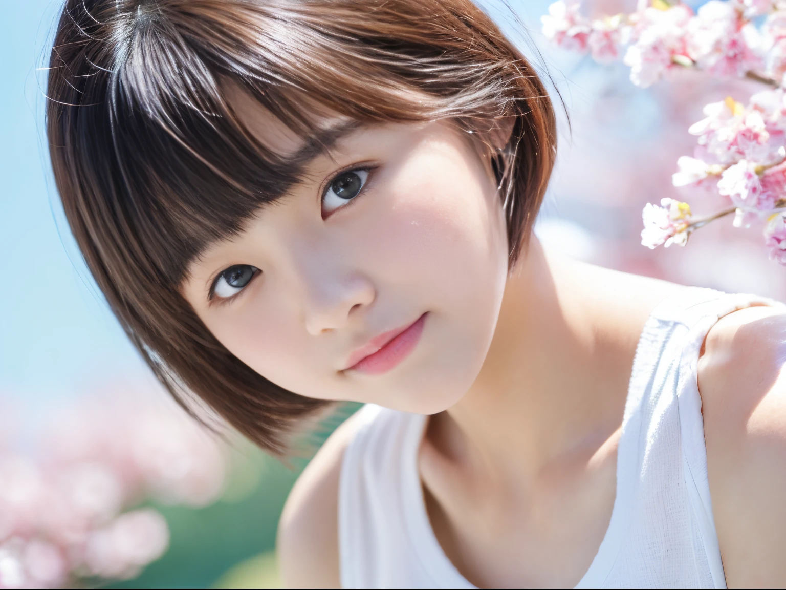 cute Japan girl in white camisole、Crystal clear white skin、pale pink cheeks,、Bust Up Portrait、short-hair、Looking at the camera、鎖骨、High-angle camera shooting