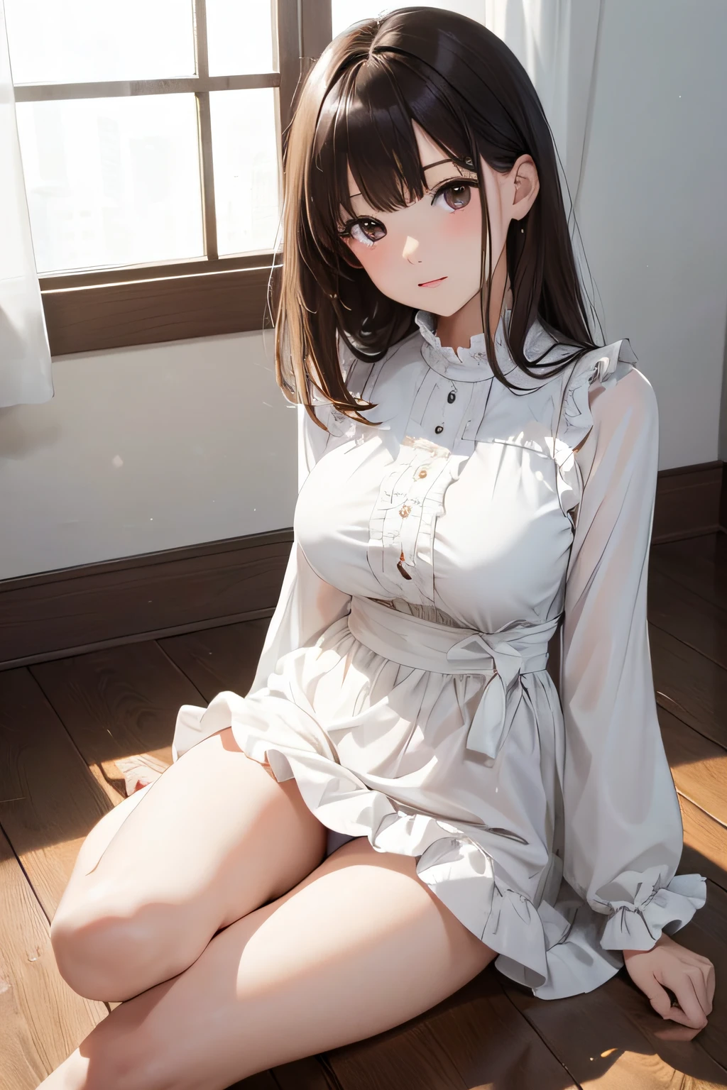 (8K、Raw photography、top-quality、masterpiece:1.2)、ultra-detailliert、超A high resolution、女の子1人、、dark brown hair、shorth hair、bangss、Brown eyes、Delicate eyes、Mature look、Slimed、Colossal tits、brown check long skirt、Long sleeve blouse in white with ruffles、sitting down on the floor、drawing knee up、leaning back to wall、White panty、pantyshot、Front view of the body、itting open legs