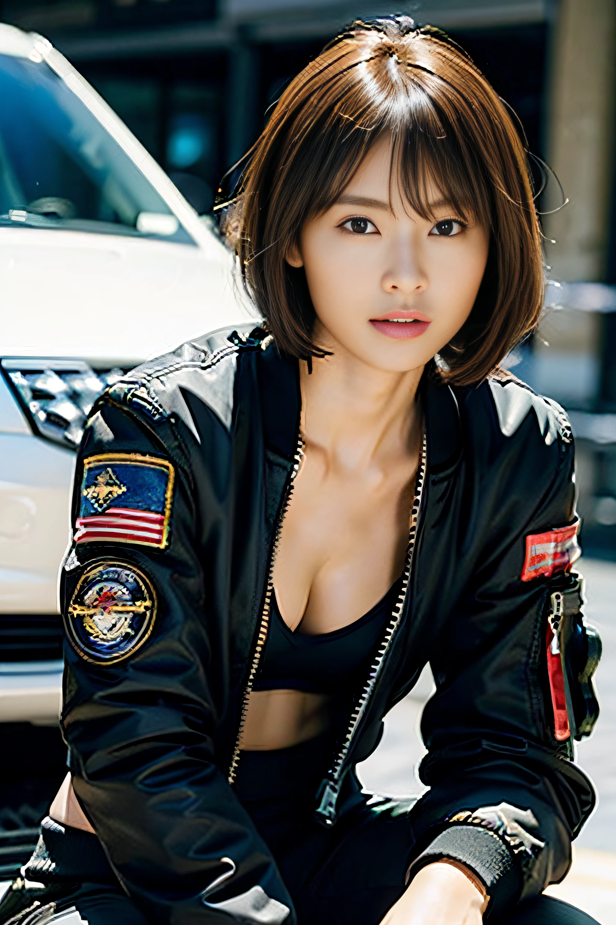 (masutepiece:1.2), ultra-detailliert, 超A high resolution, (Realistic, photographrealistic:1.37), high-definition RAW color photography, professional photograpy, extra detailed face, extremely detailed eye, highlydetailed skin, extremely detailed fingers, highly detailed nose, highly detail mouth, Perfect Anatomy, Highly detailed background, (a famous actress of Japan:1.2), (gals:1.3), (flat chest:1.3), Brown race, Dark skin, (blonde  hair:1.3), Very short cut hair, future technology background, Futuristic war vehicles on the background, (Wearing a black air bomber jacket with many patches, Cargo pants:1.3),