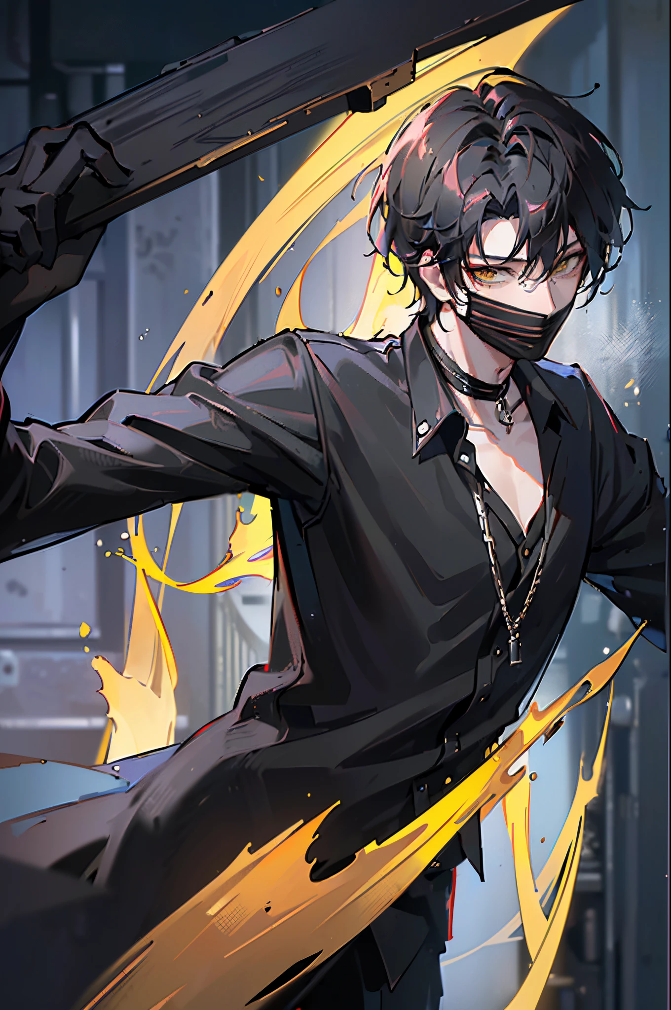 (4K works))、​masterpiece、(top-quality)、Korean Male、Adult male、((Adult 26 years old))、((Face similar to Hyun Jin))、Cool Men、((Wild look))、((Dull look))、((Black Bad Boy Style))、((Wear a black mask))、((Naughty way of standing))、((hooligan))、((Black short-haired))、((Yellow eyes))、((shot from front))