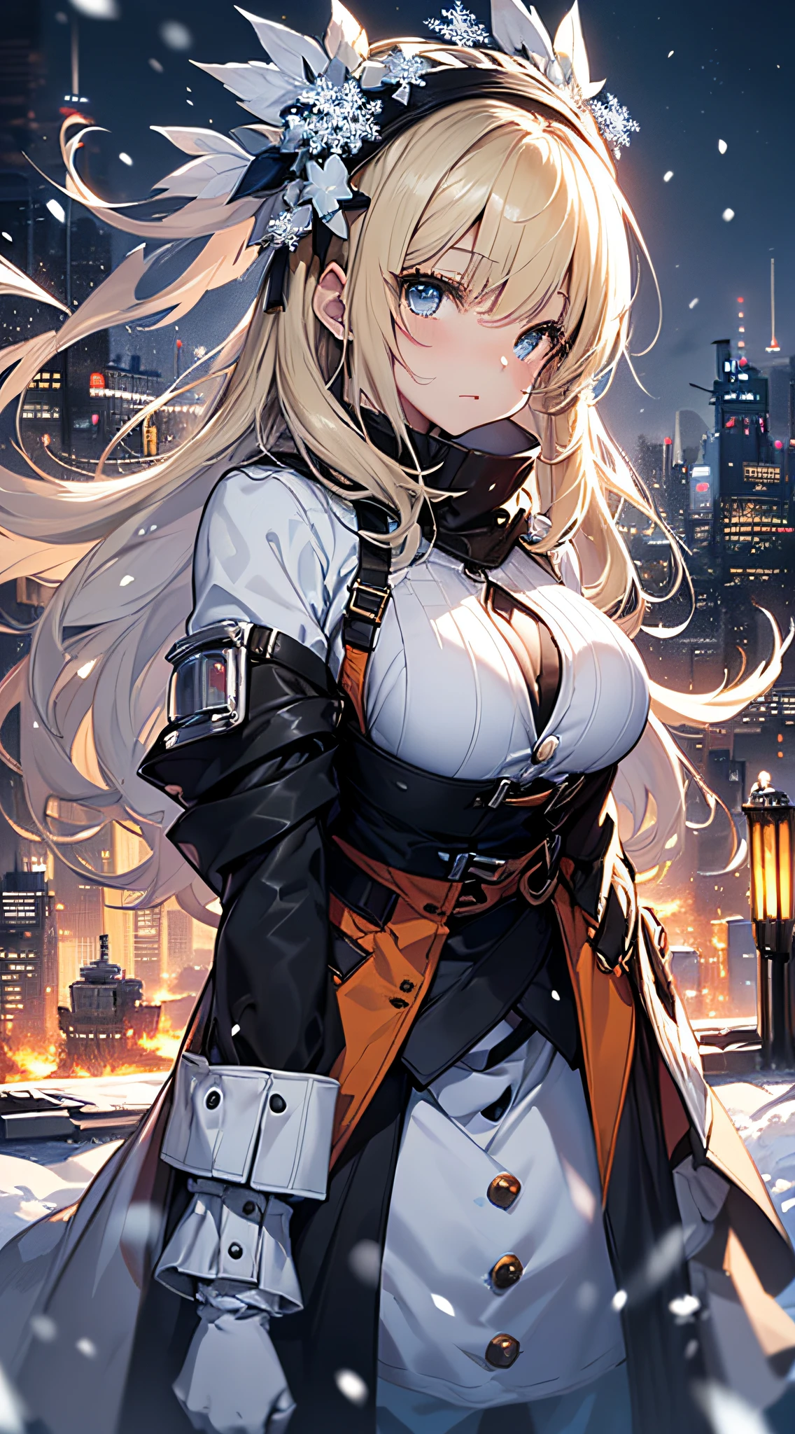 top-quality、Top image quality、masterpiece(1,4)、Robot Girl((black mechanic body、sixteen years old、teen ager、Mechanic body、Best Bust、big bast,Beautiful light blue eyes、Breasts wide open, a blond、A slender,Large valleys、dye one's cheeks red、Leaning forward、close to viewer、White breath、)),hiquality、Beautiful Art、Background with((Fantastic world、Ice Burn City at night、snowflakes falling、Heavy snow falls、snowman、ice tower)))、masutepiece、depth of fields,
