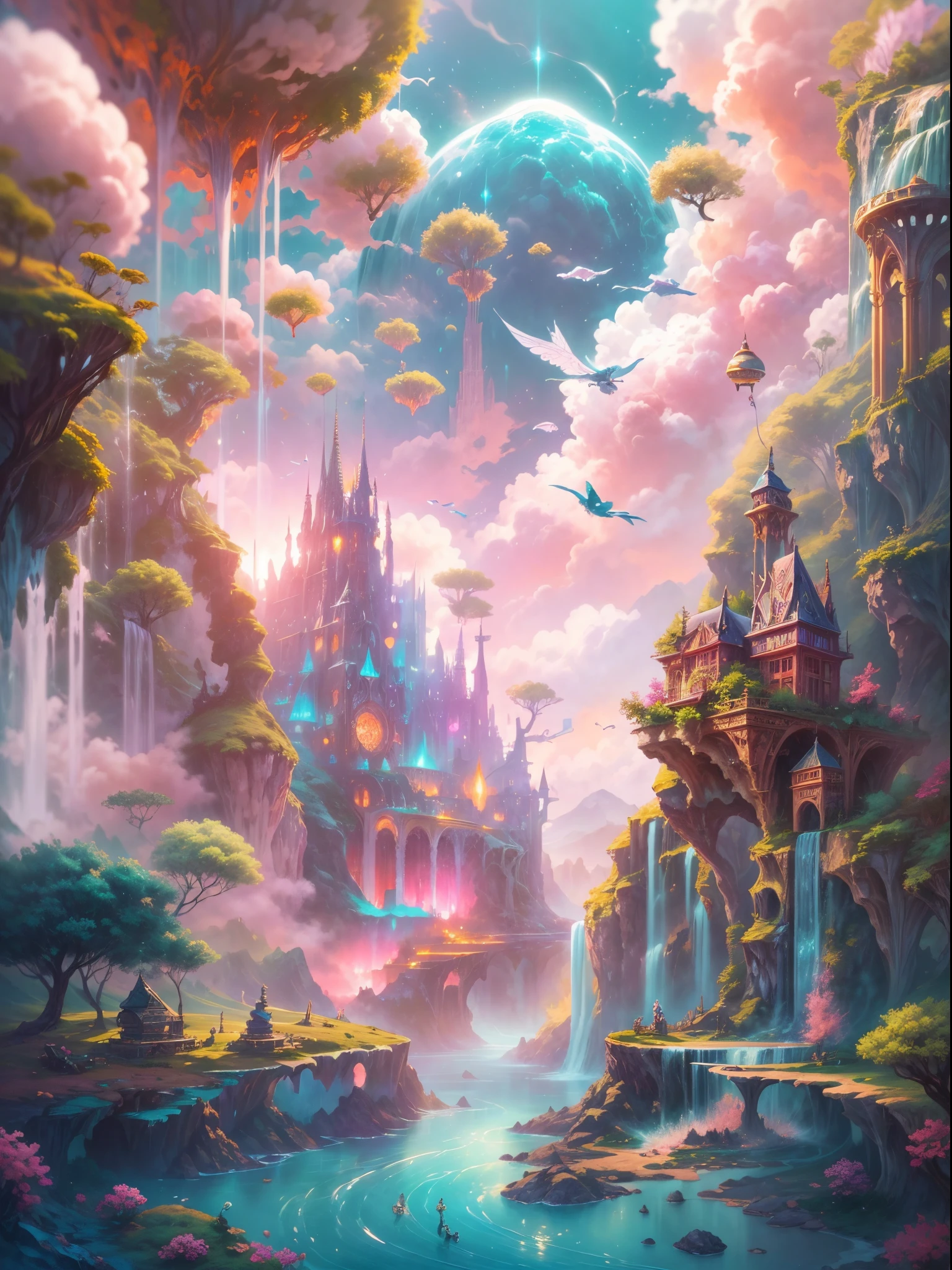 Enchanting utopian world scenes that imagine the majestic realm of romantic fantasy. The environment is full of intricate floating islands, Fluffy clouds, Waterfall cascading from floating island, and a vibrant, Surreal atmosphere. The atmosphere is filled with a sense of wonder and tranquility. Include a variety of pink shades as well as other vibrant jewel tones in the image. This scene will be depicted with anime style illustrations, with soft lines, pastelcolor, And whimsical touch. All buildings are extremely detailed and elegant. The artwork will capture the ethereal beauty and serenity of a dreamlike realm, Create a sense of harmony and escape from the ordinary world. Add cyan water, Colorful watercolor sky, Luminous elements, and lots of little fantasy details，including iridescence, Beautifully crafted landscapes, glittery. And most importantly, This should look like a fantasy artwork. (((A utopian world with futuristic science fiction and fairy tale elements，Mechanical metal combined with classical mythological elements)))