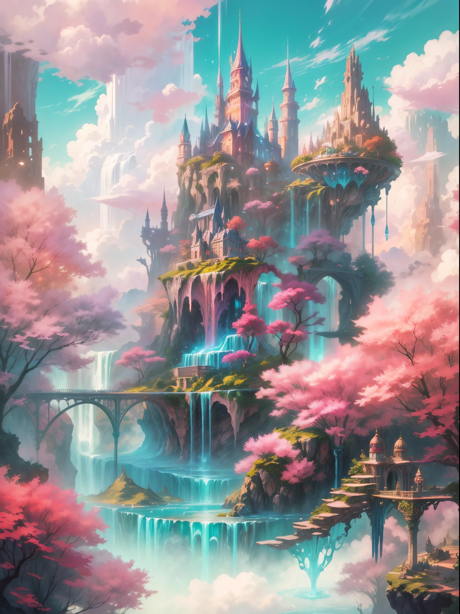 (((A utopian world with futuristic science fiction and fairy tale elements，Mechanical metal combined with classical mythological elements)))，(In this illustration of a utopian world，Describe a fairy tale、An ideal country with science fiction elements。The background is a majestic city，The architectural style combines futuristic and sci-fi elements。Soaring towers and modern glass buildings complement ancient pavilions and temples。The city is surrounded by a verdant forest and clear river，Showing the harmonious coexistence of man and nature)，(There is a huge secret garden in the center of the city，There are all kinds of fantastic plants and creatures growing inside。There are trees that can talk.、Singing birds and various cute animals。In the corner of the garden，There is a huge castle，Its towers reach into the sky)。(science fiction elements：in this utopian world，Technology and nature coexist harmoniously。High-speed maglev trains shuttle through the city，People are flying freely in the air in environmentally friendly aircraft.。Cities are powered by solar energy、Renewable resources such as wind and water energy，Guaranteed ecological sustainable development)。(Cultures：in this utopian world，Cultures of various countries coexist harmoniously，People respect and learn from each other&#39;s traditions and customs。There are various styles of buildings in the city、Sculpture and Artwork，Showcasing the essence of cultures from around the world), (The is very detailed, Well designed, Clear lines, k hd, Best quality at best, tmasterpiece, offcial art, 8K)