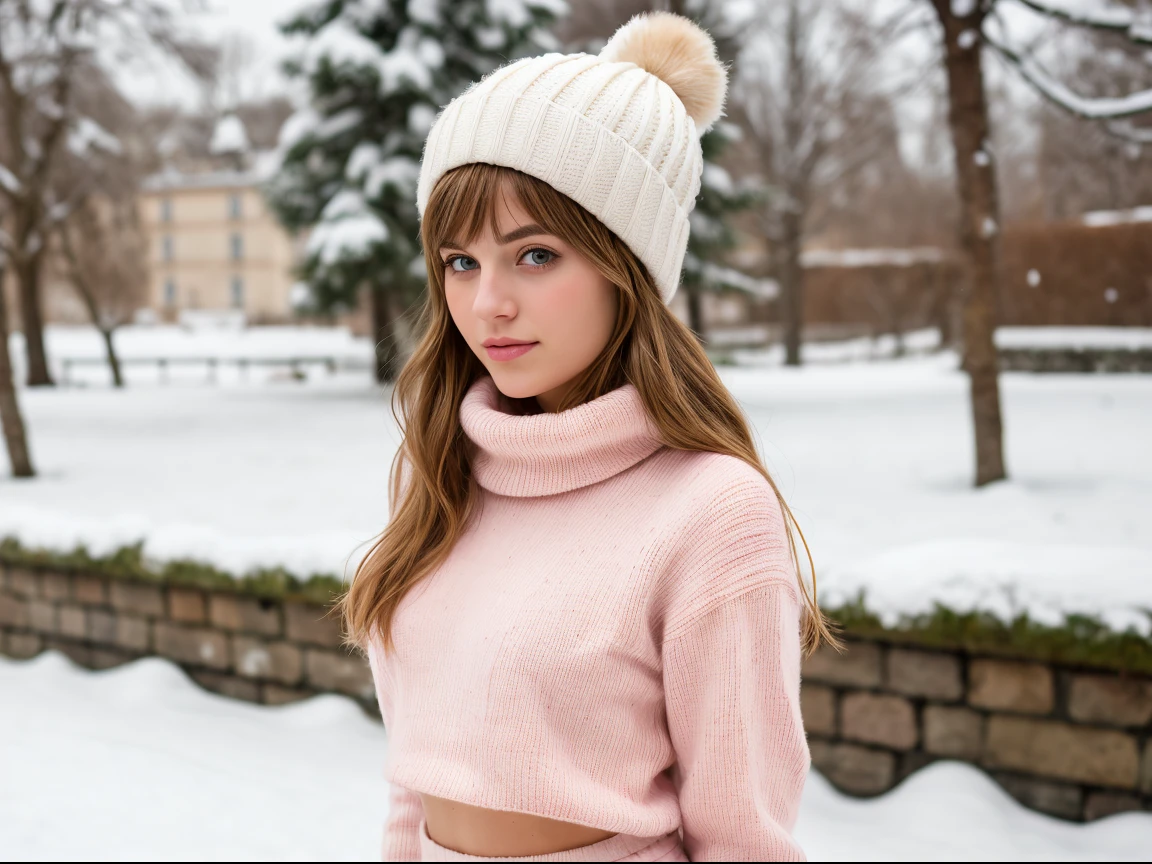 (masterpiece), (one girl 22 year old) (((Caucasian))) french girl with shoulder length messy hair, she is petite. in a white hat and pink skirt posing for a picture, woolen mini-skirt,in the snow, pastel colours, woolen polo neck, snowy outdoors, bobble hat