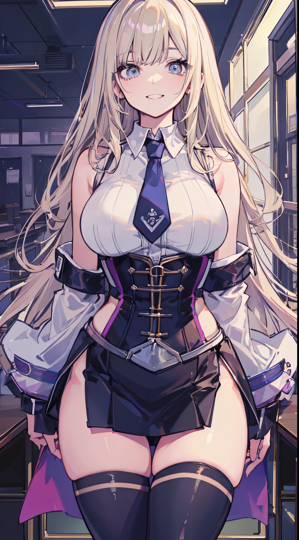 top-quality、realistic touch,high-detail、photoRealstic、High class、Long body、captive beauty、big eye、Strong platinum blonde eyelashes、platinum-blonde、full body Esbian、Sparkling eyes、Submissive smile、Flushed cheeks、Kamimei、thin-waist、Voluptuous thighs、Enraptured look、Raked bangs、The forehead is protruding、sleeveless、High school students in uniform 、The skirt is very short and transparent、No cleavage exposed、fuge sideboob、high school uniform with tie、A corset that emphasizes your breasts、Inside a futuristic classroom、 armband、Thighhighs、simple decor、grinning face