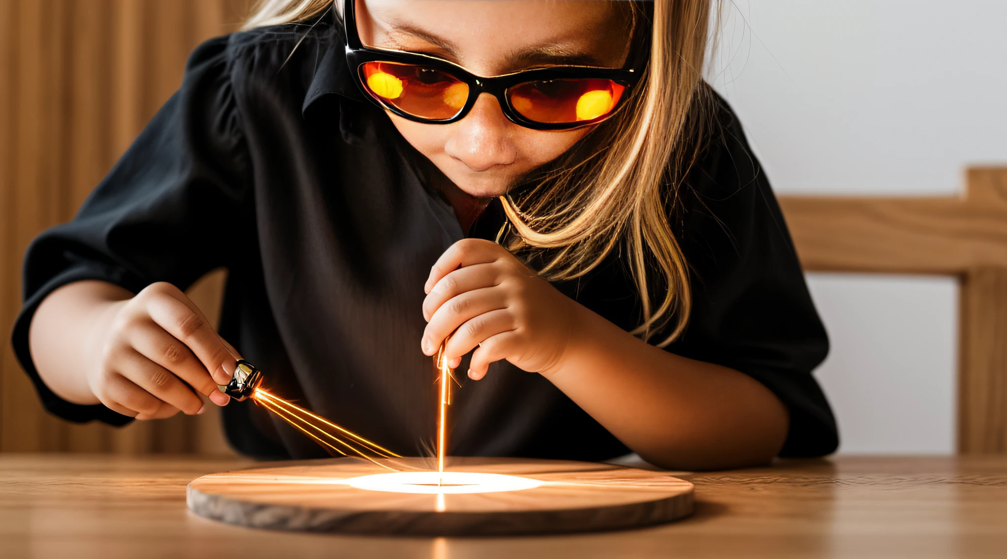 close-up CHILD BLONDE GIRL WITH VERY LONG HAIR, in a black blouse and sunglasses, a laser is being used to illuminate a circle,