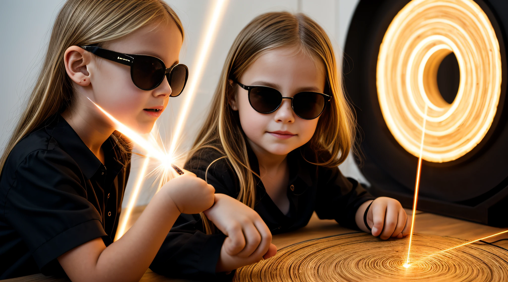 close-up CHILD BLONDE GIRL WITH VERY LONG HAIR, in a black blouse and sunglasses, a laser is being used to illuminate a circle,