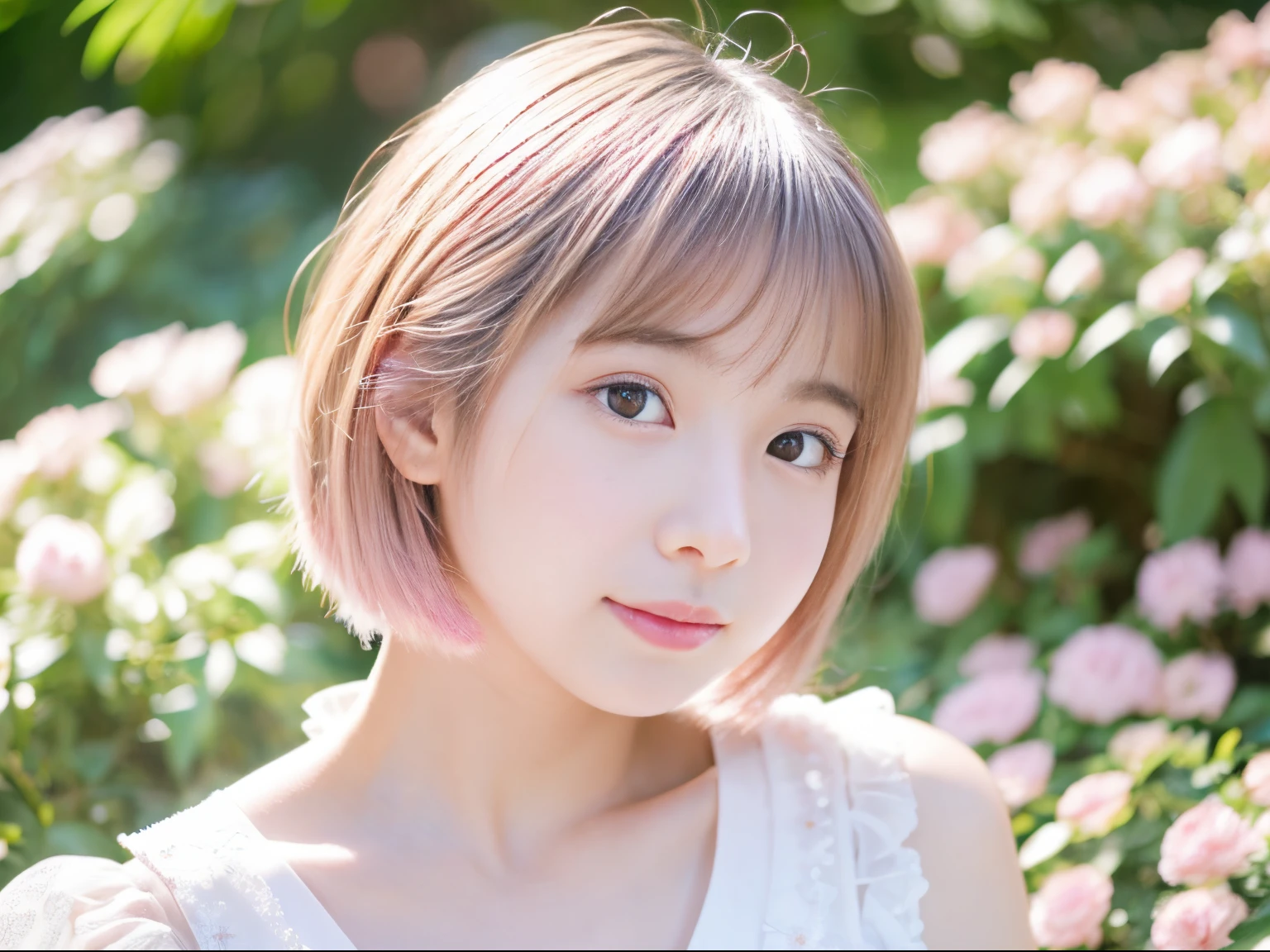 cute Japan girl in white camisole、Crystal clear white skin、pale pink cheeks,、Bust Up Portrait、short-hair、Looking at the camera、鎖骨、High-angle camera shooting