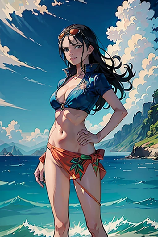 (((masutepiece))), Nico Robin, 1girl in, Solo, Full body, Long hair, Looking at Viewer, Smile, Blue eyes, Large breasts, Black hair, Navel, Holding, cleavage, Closed mouth, Standing, 鎖骨, Jacket, Short sleeves, Cowboy Shot, Outdoors, skyporn, day, Midriff, cloud, Water, Stomach, Blue sky, croptop, groin, put hands on the hip, ocean, Sunglasses, eyewear on head, zippers, Cropped jacket, High collar, Unzip, sarong, hair slicked back, partially unzipped, Print Salon,((Live-action adaptation))4K,