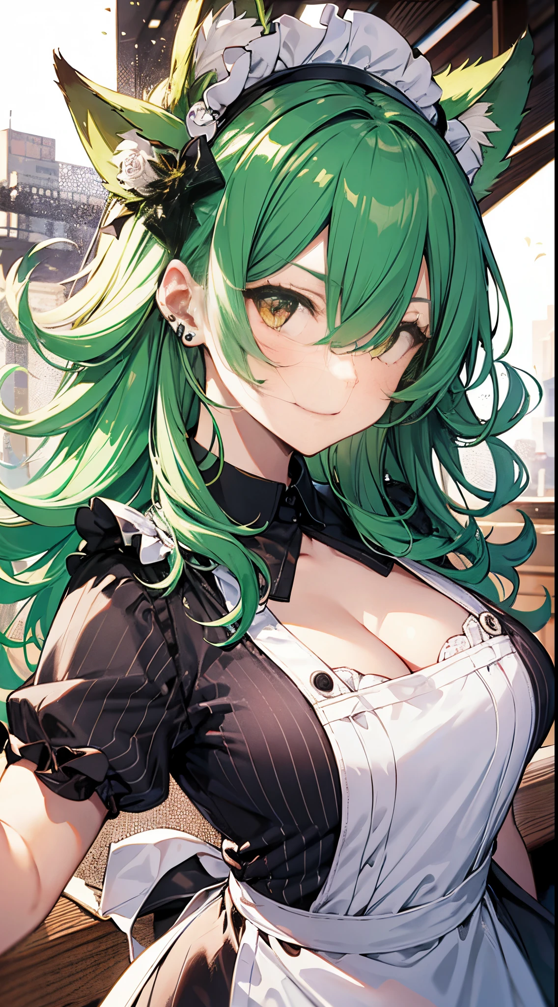 ((tmasterpiece:1.4, Best quality))+, (hyper-detailing)+, (Exquisite golden eyes:1.5)+, (Meticulous ears:1.5), (cute girls), (Shabby chef uniform:1.5), Long hair details, curlies, (wariza:1.2), pale-skinned, (black cloth:1.5), (long white pants:1.4), fresh flowers, Green leaf headdress, aprons, Floating stones, busy store, Giant wood, (cook:1.1), (dawn light:1.2), ), (Close-up cleavage:1.1), (elevation perspective:1.3), forehead jewel, white colored inner hair, Striped hair, Happy smile, Green hair, first person perspective, the only person, hairy balls, Hair behind the ears, Large hair, hair covering one eye, fox ear, Angry, Anger vein