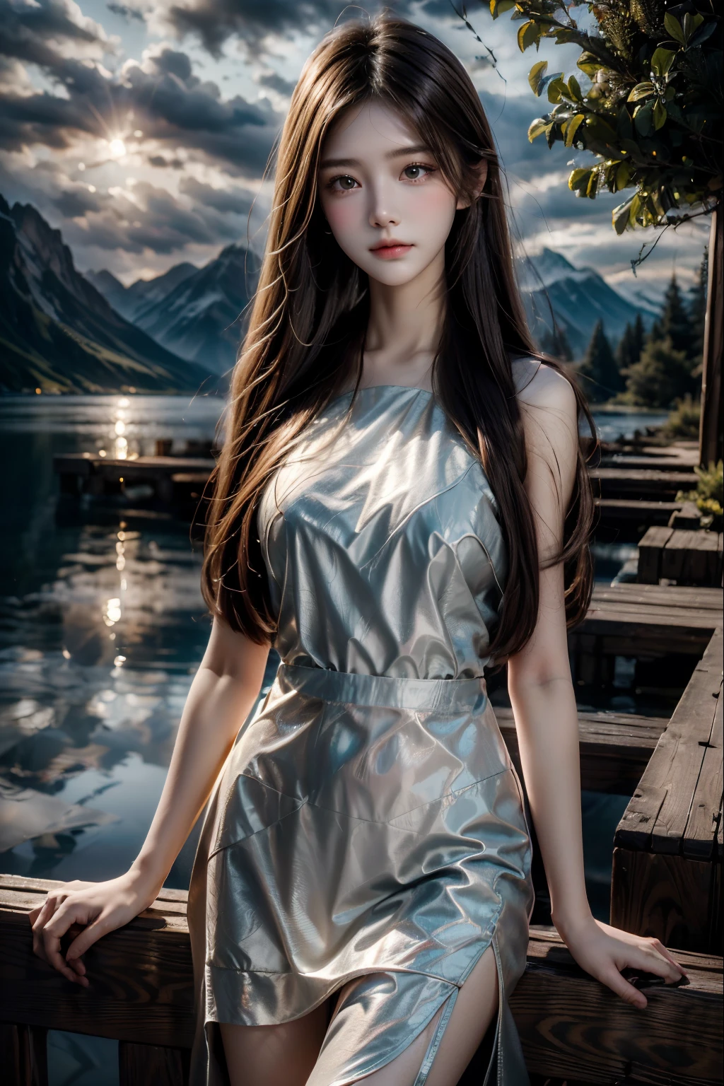 1 girl, with a calm expression, mesmerizing eyes, straight long hair, A flowing dress, A calm posture, porcelain skin, Subtle blush, Crystal pendantBREAK Golden Hour, (edge lit):1.2, a warm color palette, sunflare, soft shade, vivd colour, painterly effect, Dreamy atmosphereBREAK Scenic lake, Far Mountain, willowy, Calm water, Reflectors, clouds illuminated by sunlight, tranquil ambiance, Idyllic sunsets, ultra - detailed, offcial art, Unity8k wallpapers , Tangled, datura