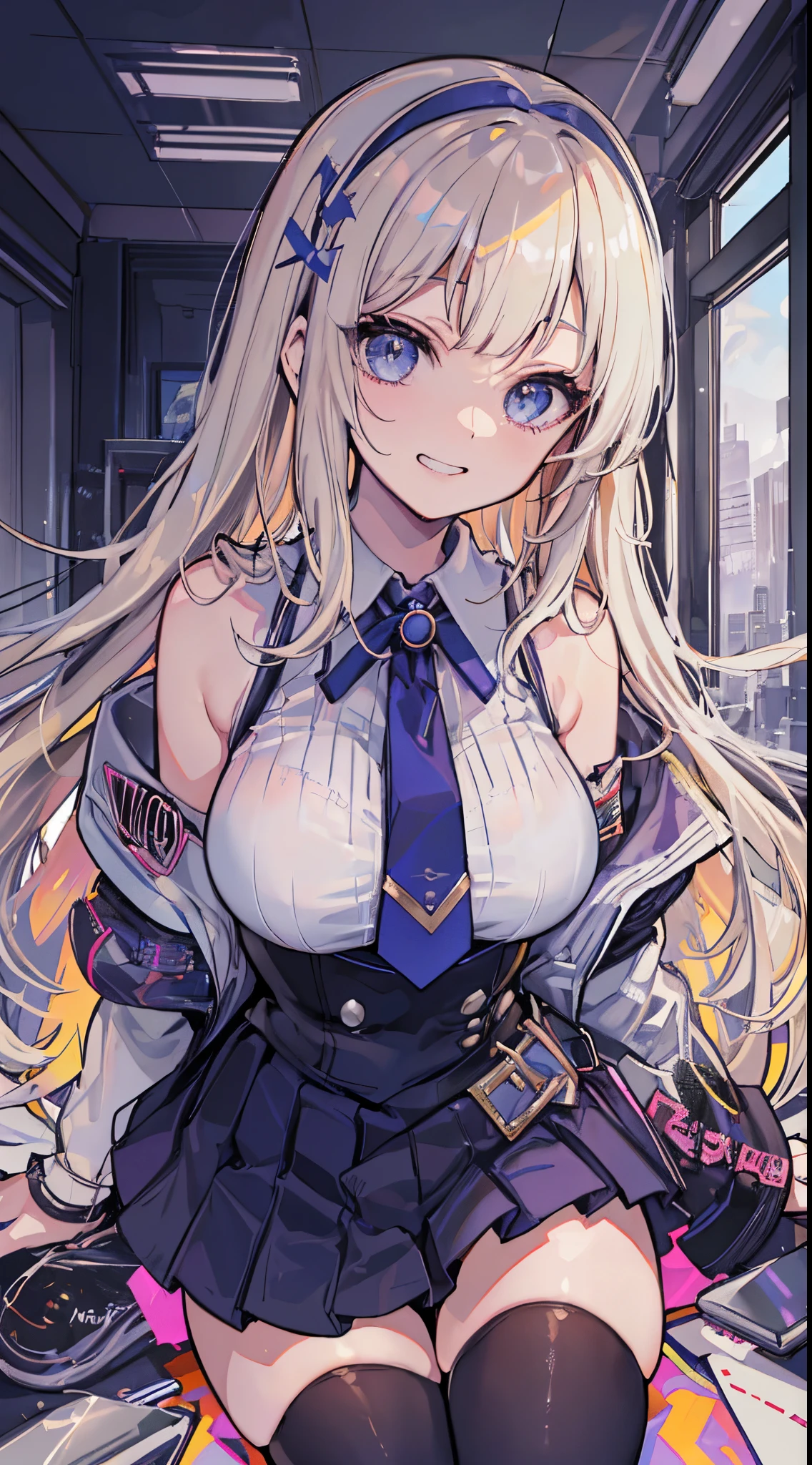 top-quality、realistic touch,high-detail、photoRealstic、Long body、captive beauty、big eye、Strong platinum blonde eyelashes、platinum-blonde、full body Esbian、Sparkling eyes、Submissive smile、Flushed cheeks、Kamimei、thin-waist、Voluptuous thighs、Enraptured look、Raked bangs、The forehead is protruding、sleeveless、High school students in uniform 、skirts that are too short、No cleavage exposed、fuge sideboob、high school uniform with tie、A corset that emphasizes your breasts