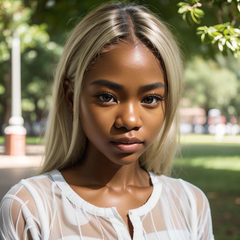 solo ((full shot)) of an attractive (( blasian dark brown skin young woman ))she is beautiful and petite wearing a ((white blonde hair )) ash blonde hairstyle dark brown skin girl )) cute plaid  red shirt and shorts  on a petite woman ((lifelike skin texture)) ((very detailed image )) she has a petite figure , ((detailed eyes))big brown eyes ((white pupils))  ((sharp nose)) perfect face shape ((blonde white hair)) brown eyes (( matte skin texture)) UHD, a Masterpiece,Realistic textures,(( hyper-realistic)), 8k, photorealistic, XT3 grain,Fujifilm ((standing alone at a park)) ((blasian ))