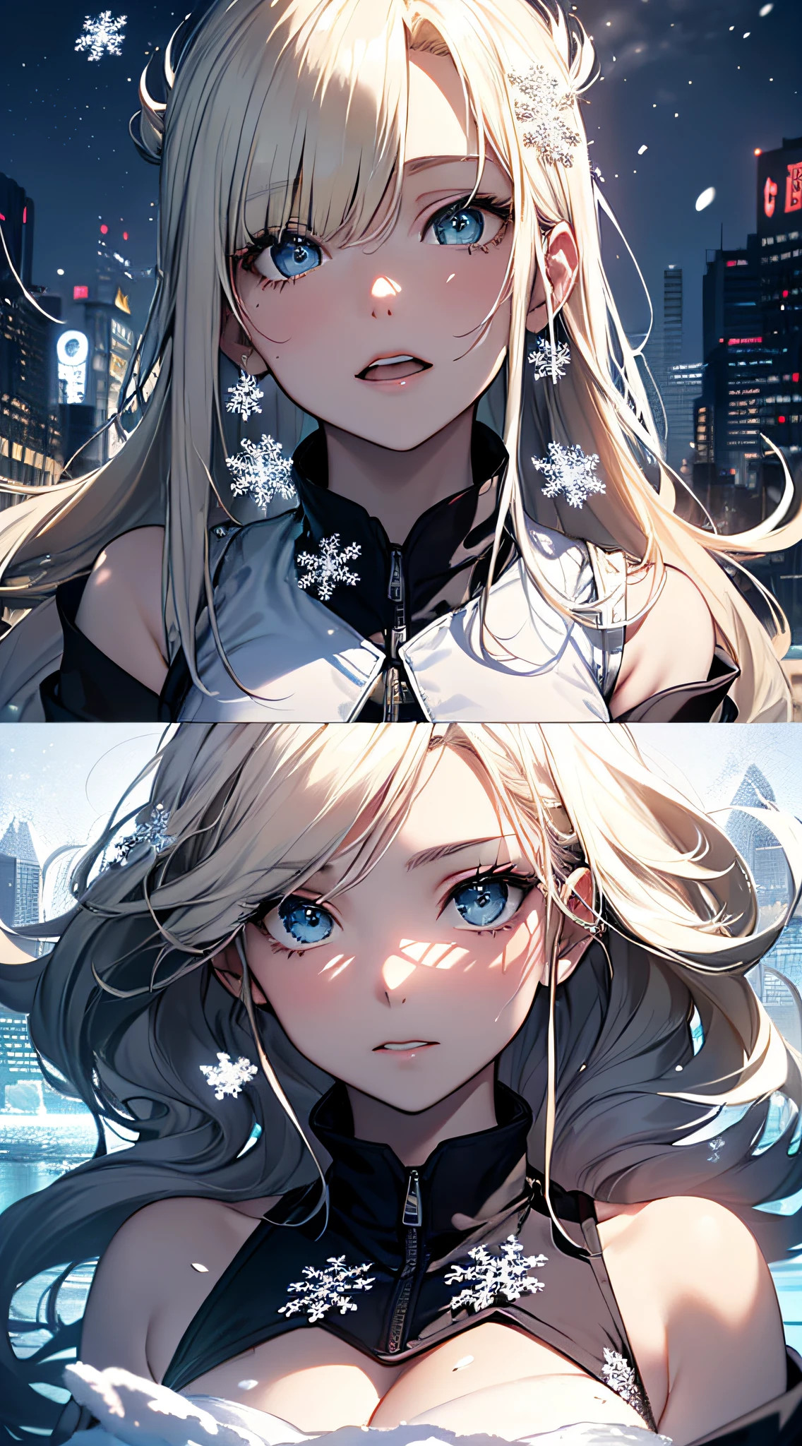 top-quality、Top image quality、masterpiece(1,4)、teens girl((blue mechanic body、sixteen years old、teen ager、White Mechanical Body、Best Bust、big bast,Beautiful light blue eyes、Breasts wide open, a blond、A slender,Large valleys、dye one's cheeks red、Leaning forward、Ice Blade、White breath、floating ice gun)),hiquality、Beautiful Art、Background with((Fantastic world、Ice Burn City at night、snowflakes falling、Heavy snow falls、snowman、ice tower)))、masutepiece、depth of fields,