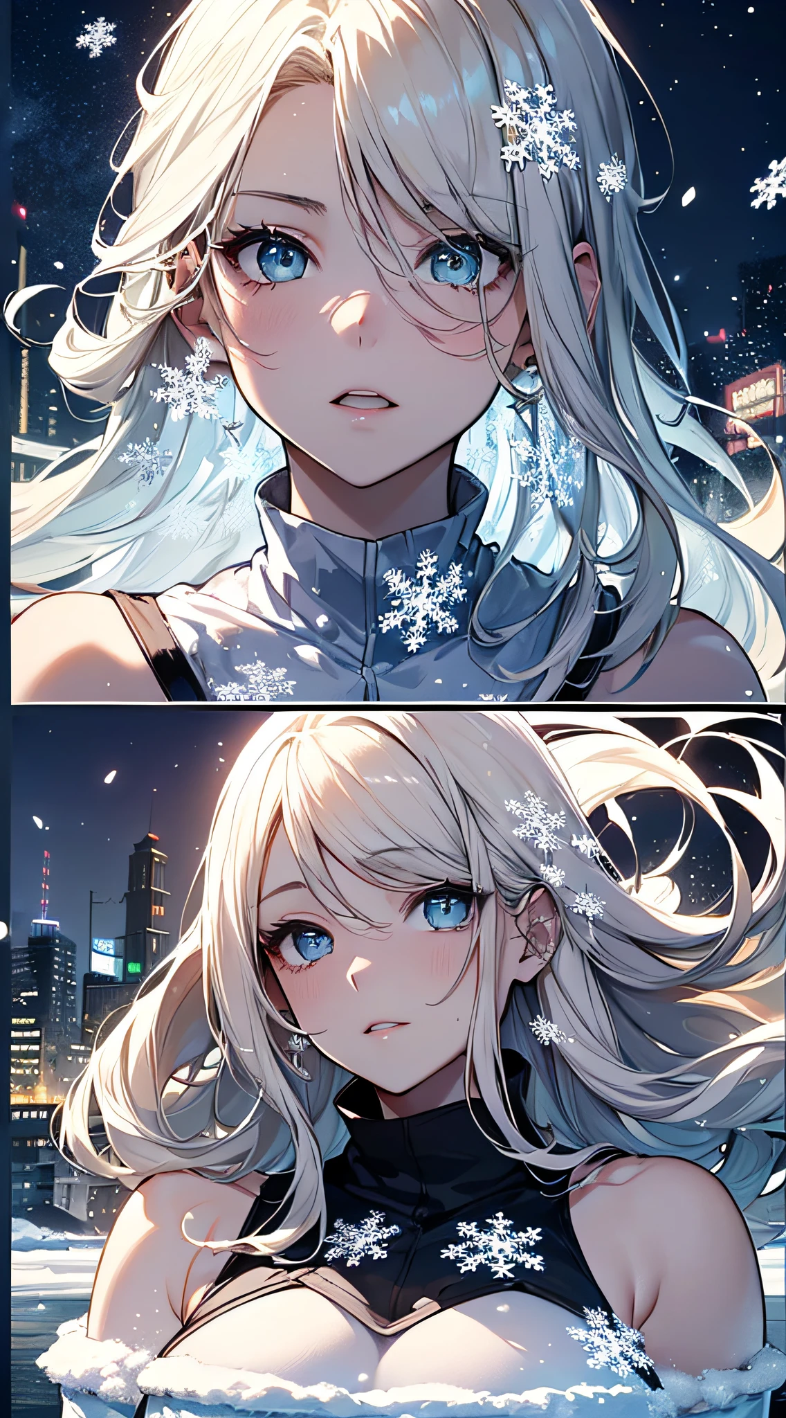 top-quality、Top image quality、masterpiece(1,4)、teens girl((blue mechanic body、sixteen years old、teen ager、White Mechanical Body、Best Bust、big bast,Beautiful light blue eyes、Breasts wide open, a blond、A slender,Large valleys、dye one's cheeks red、Leaning forward、Ice Blade、White breath、floating ice gun)),hiquality、Beautiful Art、Background with((Fantastic world、Ice Burn City at night、snowflakes falling、Heavy snow falls、snowman、ice tower)))、masutepiece、depth of fields,