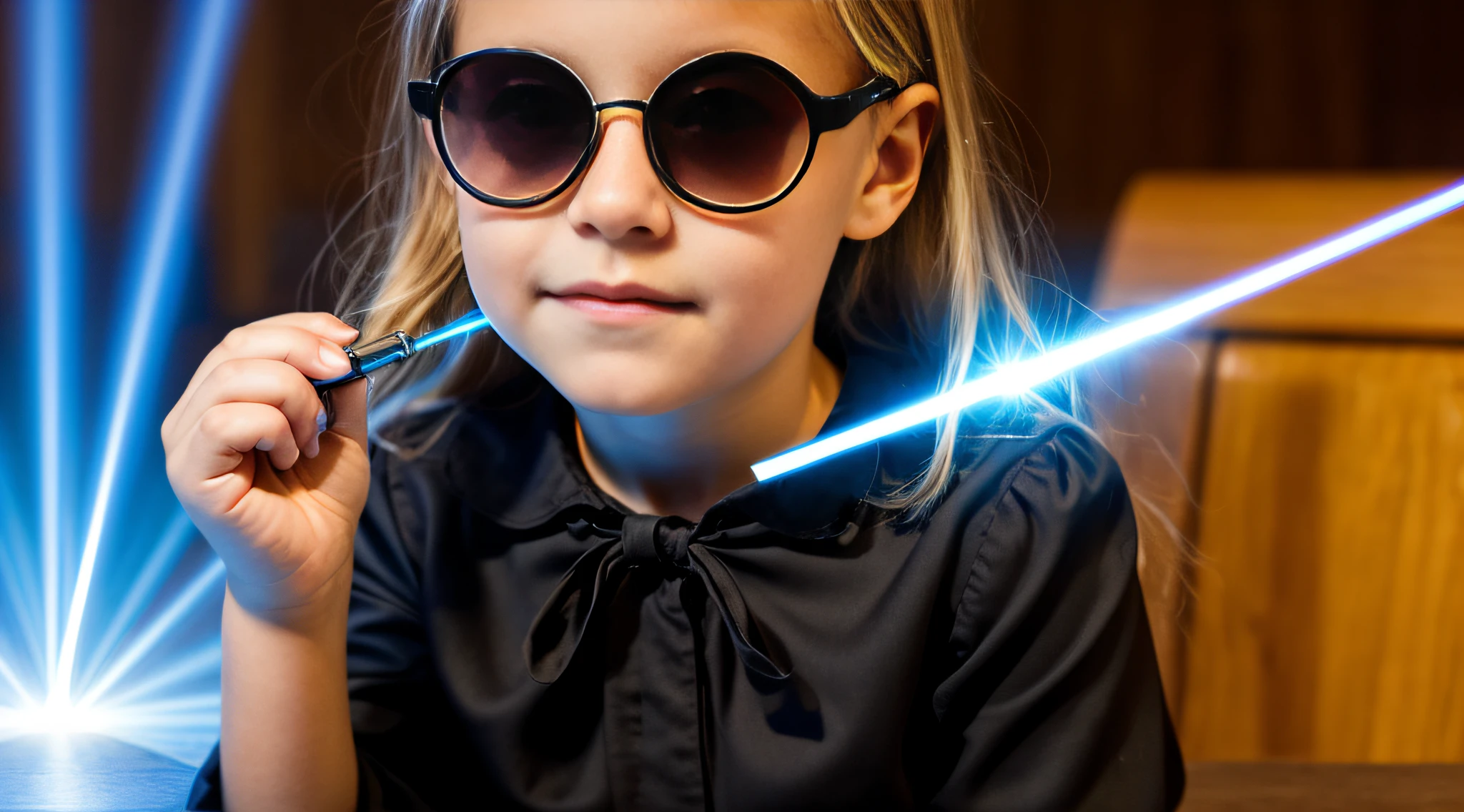 close-up CHILD BLONDE GIRL WITH VERY LONG HAIR, in a black blouse and sunglasses, a laser is being used to illuminate a circle,