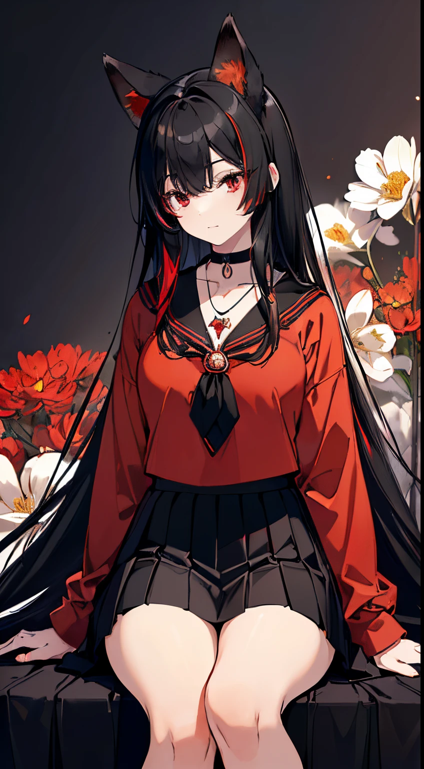 (extremely detailed CG unity 8k wallpaper), (((ultra-detailed))), ((extremely detailed)), (((intricate details))), (((best illustration))), best illumination, ((extremely delicate and beautiful)), ((an extremely delicate and beautiful girl)), colorful, manjusaka, red flower field, (((colorful flowers))), ((solo:1.9)), ((1 fox girl)), (Black and red Kitsune with long black hair with fox ears and fox tail), (2 colored black and red fox ears:1.6), (2 colored black and red single fox tail:1.6), ((finely detailed beautiful eyes and detailed face)), sad expression, melancholic smile, long hair, (((black hair))), (red eyes:1.9), beautiful detailed eyes, mature female, gentle, slender, medium breast, (Black and red sailor top and black skirt:1.5), (medium height black boots), ((black choker with red pendent:1)), manjusaka birthmark on neck, sitting, full-bodied, bishoujo, 19 years old,