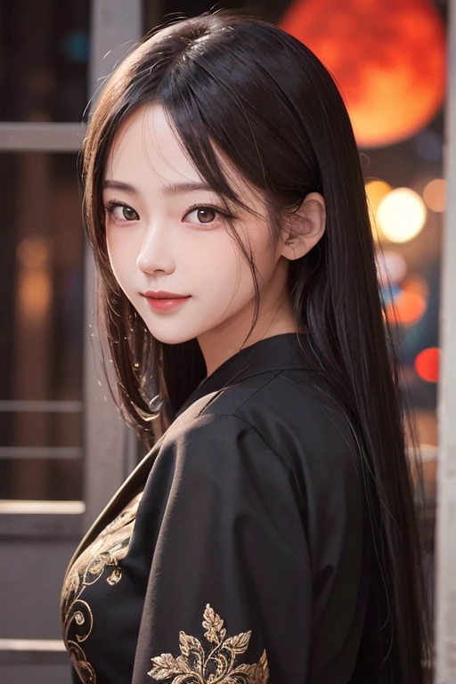 masterpiece, The highest image quality, hightquality, beautiful a girl, japanes, Japan schoolgirl, Popular Korean Makeup, detaileds, Swollen eyes, A detailed eye, Detailed skin, Beautiful skins, 超A high resolution, (现实:1.4), very extremely beautiful, Slightly younger face, Beautiful skins, slender, (A hyper-realistic), (illustratio), (hight resolution), (8K), (ighly detailed), (The best illustrations), (beautifully detailed eyes), (ultra-detailliert), (wall-paper), (详细的脸), looking at the viewers, finely detail、A detailed face、pureerosfaceace_v1、a smile、Looking straight ahead、Looking straight ahead、angle from waist up、photos realistic、Bright lighting、profetional lighting、bionde、length hair、Dark abandonment、Big Red Moon、Gorgeous red and black dress、A MILF、Kiss Shot